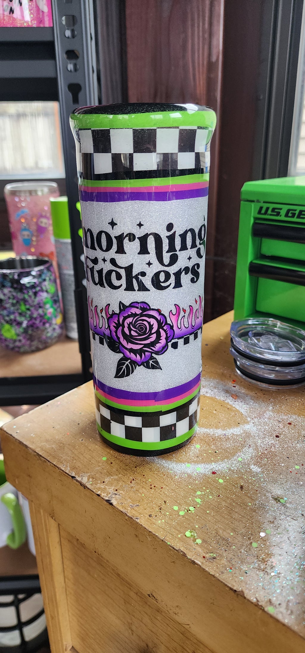 Morning Vibes Checkered Tumbler 20oz Stainless Steel Epoxy Cup, Green Purple Black Silver Glitter Coffee Cup, Funny Sassy Drinkware