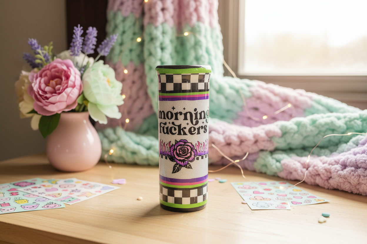 Morning Vibes Checkered Tumbler 20oz Stainless Steel Epoxy Cup, Green Purple Black Silver Glitter Coffee Cup, Funny Sassy Drinkware