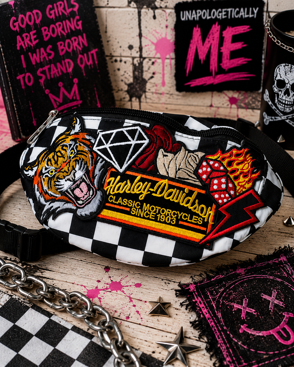 Handmade Checkered Crossbody Belt Bag | Alternative Patchwork Fanny Pack | Punk, Rockabilly & Biker Festival Bag | Hempin Mayhem