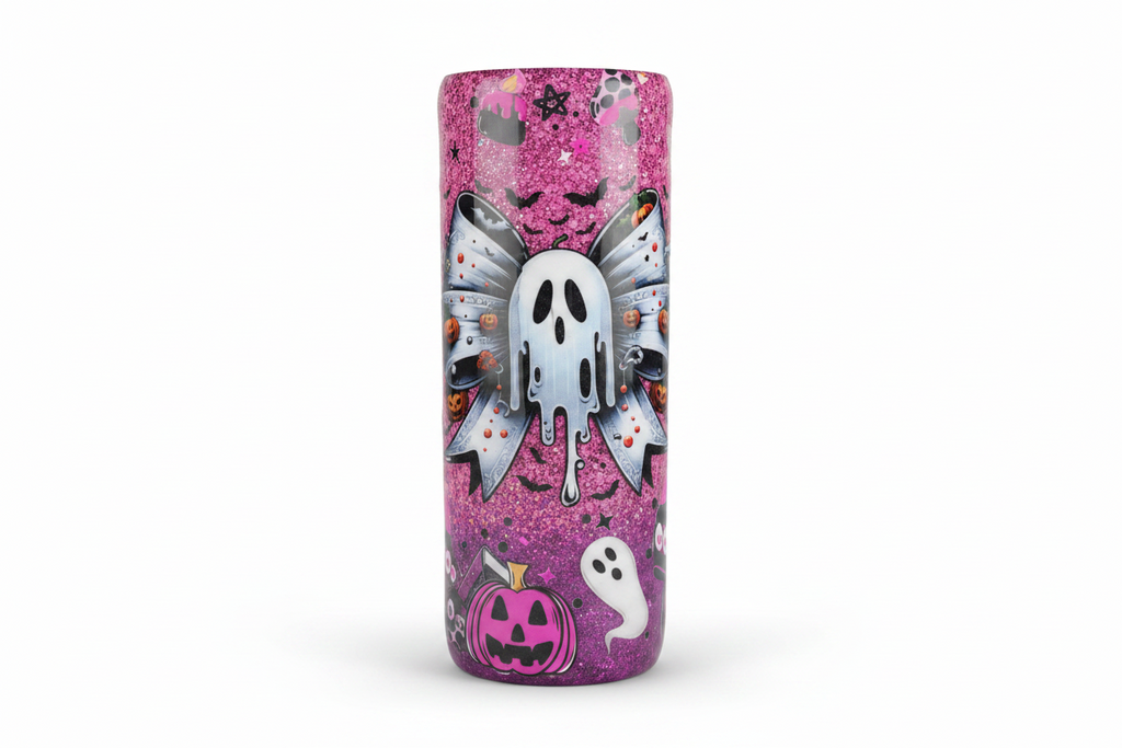 Pink Bow Spooky Tumbler 20oz – Cute Ghost Epoxy Cup, Kawaii Halloween Drinkware, Glitter Stainless Steel Coffee Cup