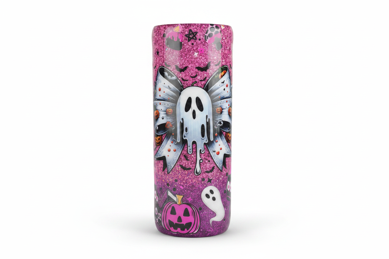 Pink Bow Spooky Tumbler 20oz – Cute Ghost Epoxy Cup, Kawaii Halloween Drinkware, Glitter Stainless Steel Coffee Cup