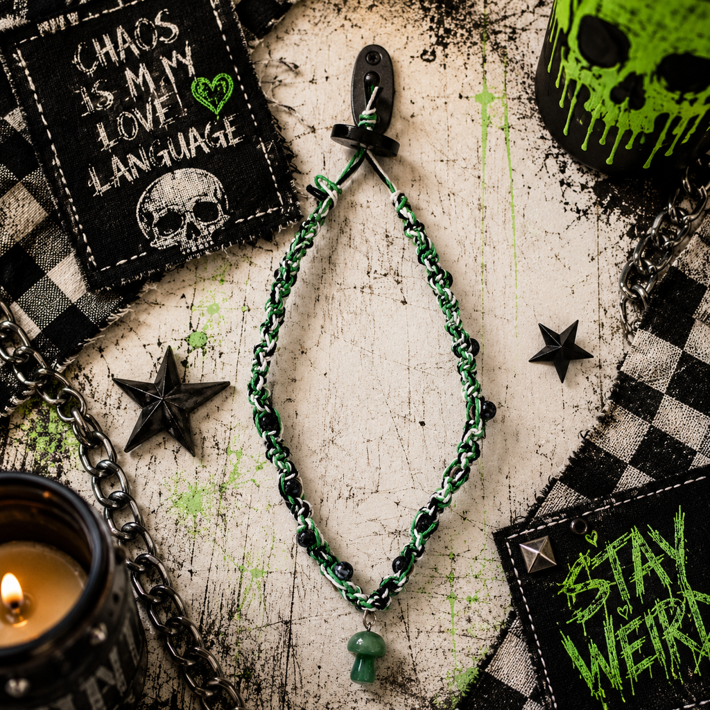 Green Mushroom Hemp Necklace | Handmade Boho Hemp Cord Necklace | Alternative Nature Jewelry