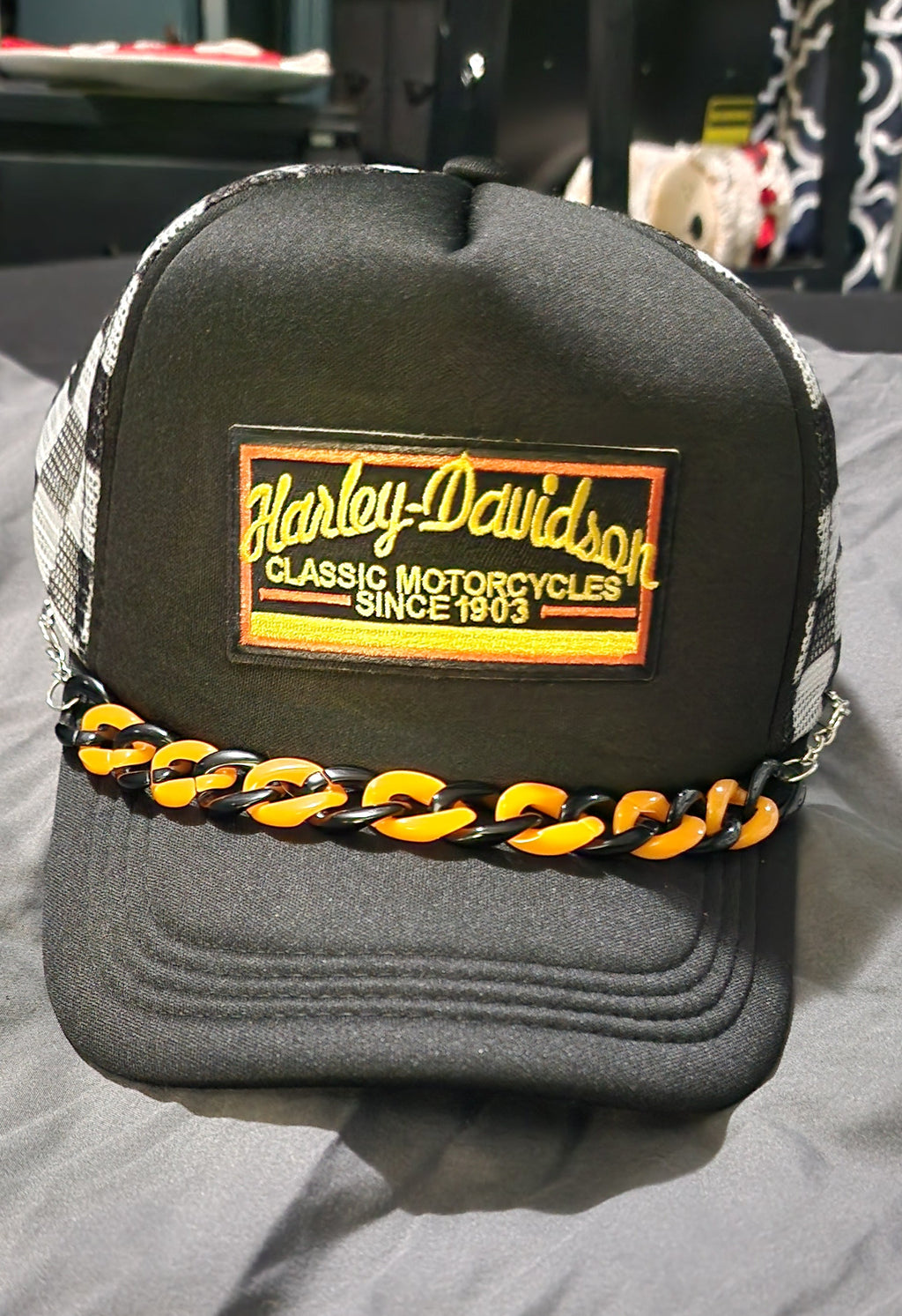 Biker Trucker Hat – Edgy Snapback Cap, Motorcycle Inspired Streetwear Hat, Checkered Western Style Mesh Hat