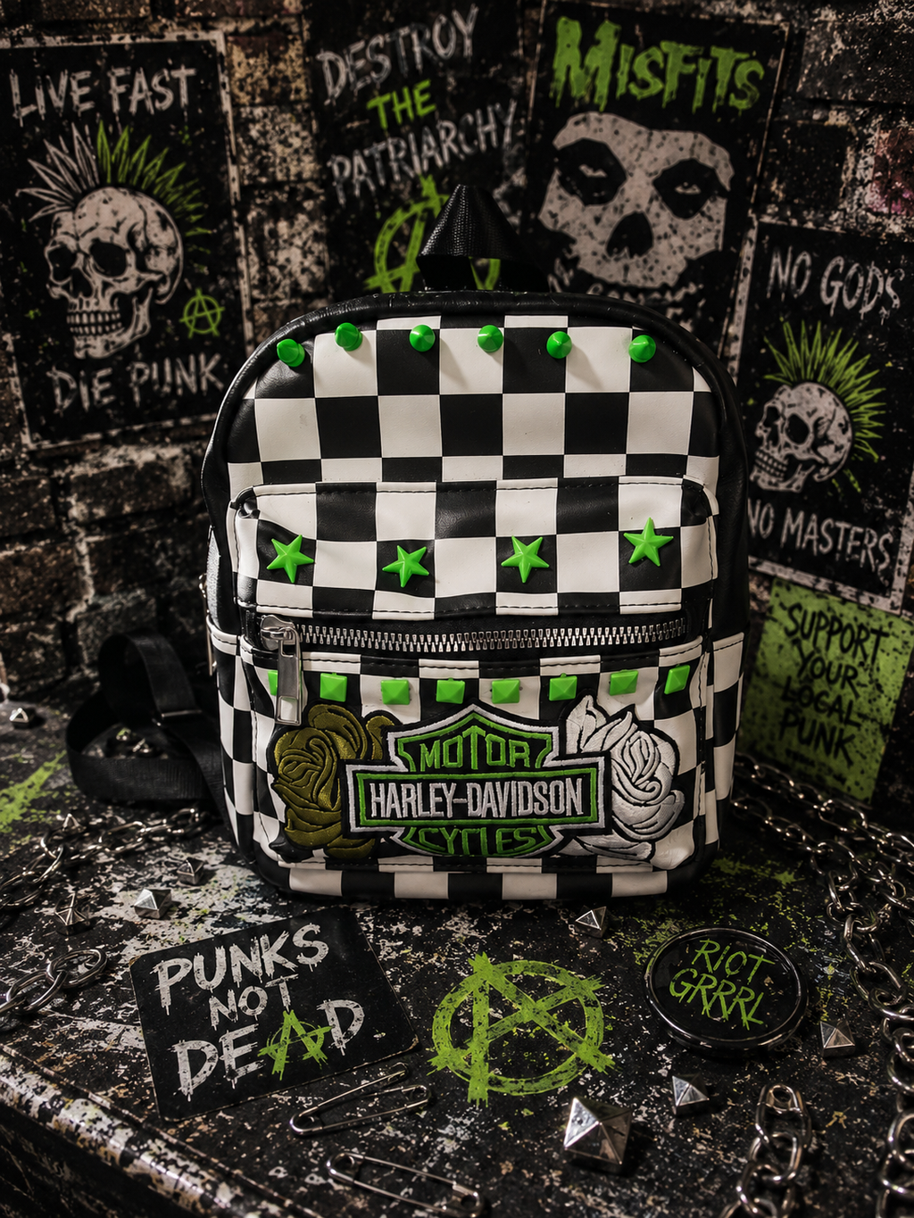 Neon Green Checkered Mini Backpack with Patch | Punk Rock Backpack | Studded Black & White Checker Bag | Alternative Goth Mini Backpack | Handmade Backpack