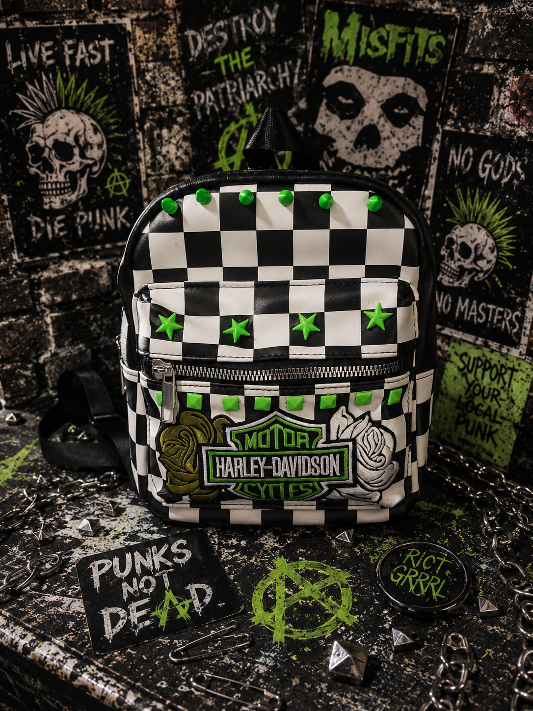 Neon Green Checkered Mini Backpack with Patch | Punk Rock Backpack | Studded Black & White Checker Bag | Alternative Goth Mini Backpack | Handmade Backpack