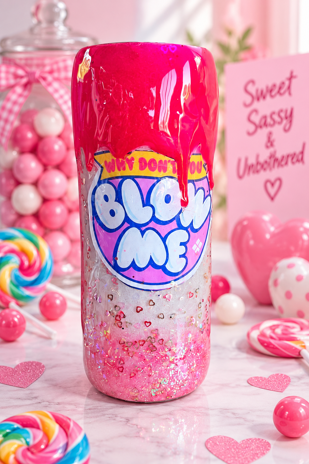 Funny Bubble Gum Wrapper Tumbler: Hot Pink Glitter Drip Epoxy Cup