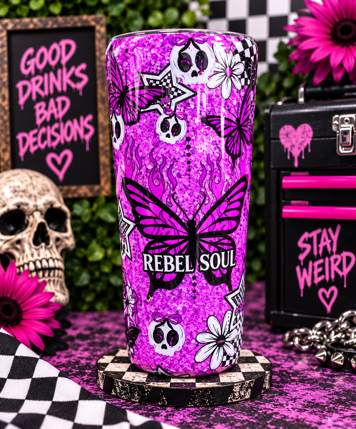 Purple Skull Butterfly Tumbler, 20oz Glitter Epoxy Tumbler, Karma Quote Cup, Spooky Alternative Drinkware, Gothic Gift, Handmade Tumbler