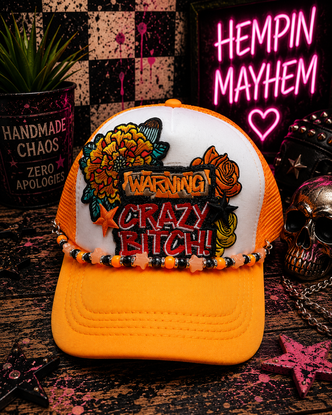 Warning Crazy Person Trucker Hat – Orange & White Snapback with Flower Patches, Funny Edgy Trucker Cap, Trendy Statement Hat