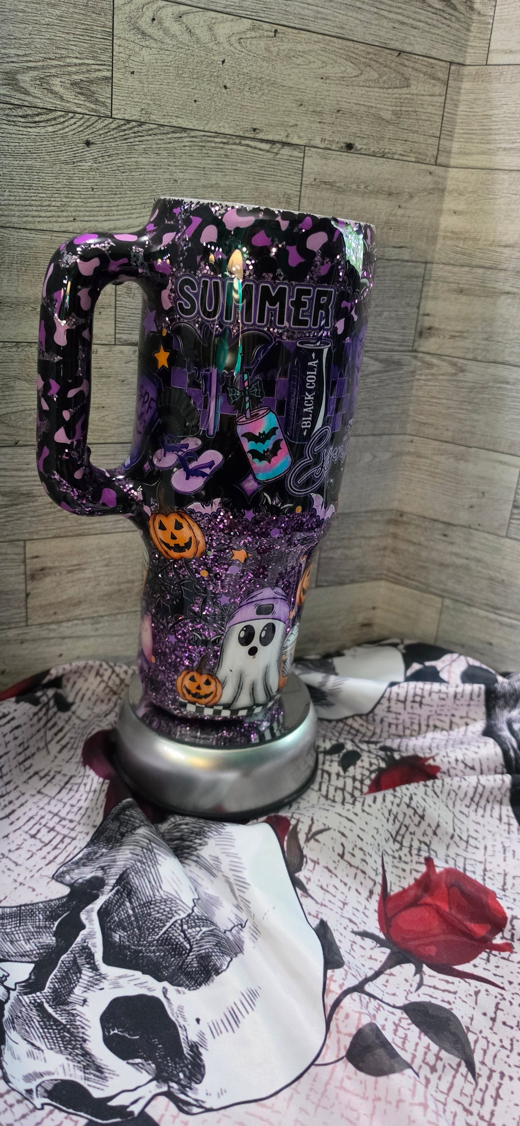 Spooky Summer 40oz Epoxy Tumbler with Handle – Purple & Black Halloween Glitter Cup