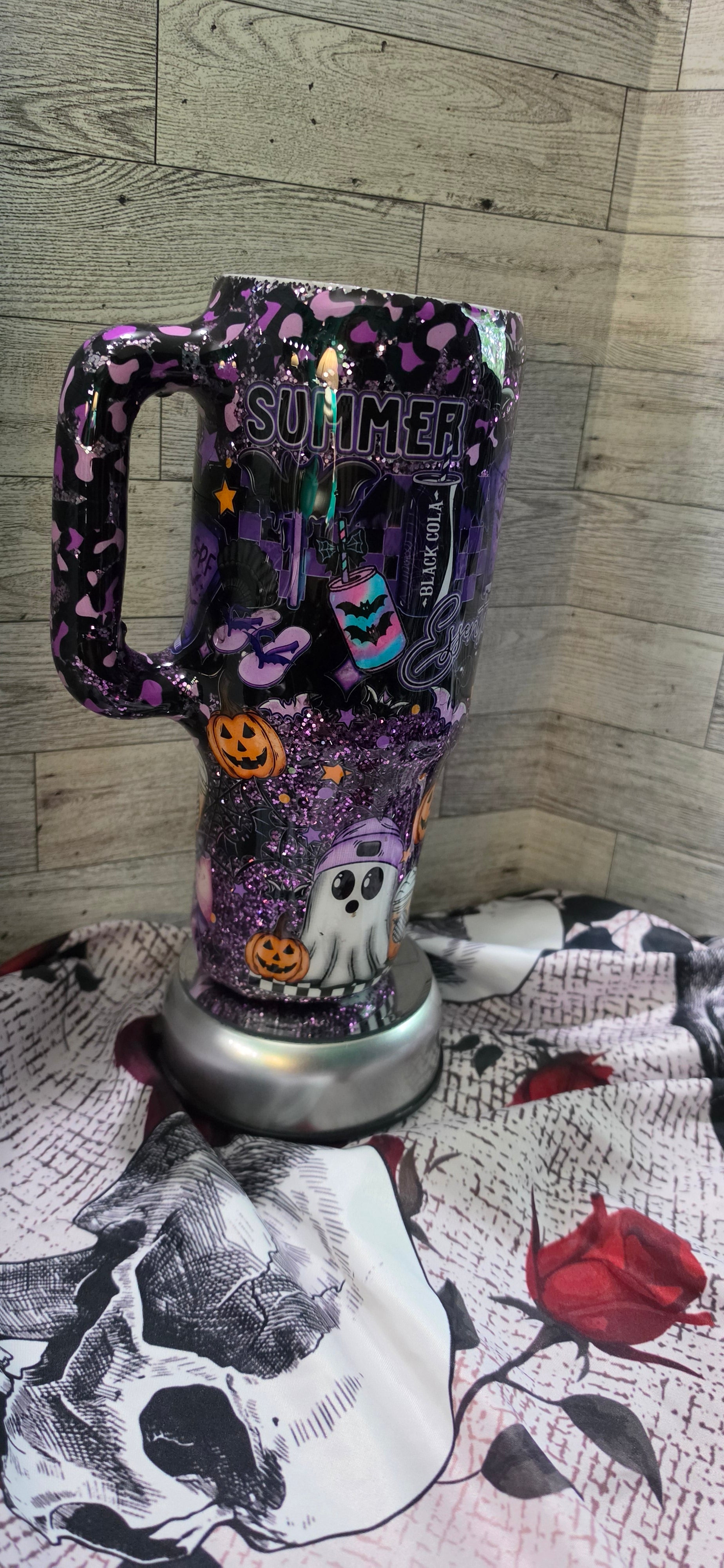 Spooky Summer 40oz Epoxy Tumbler with Handle – Purple & Black Halloween Glitter Cup