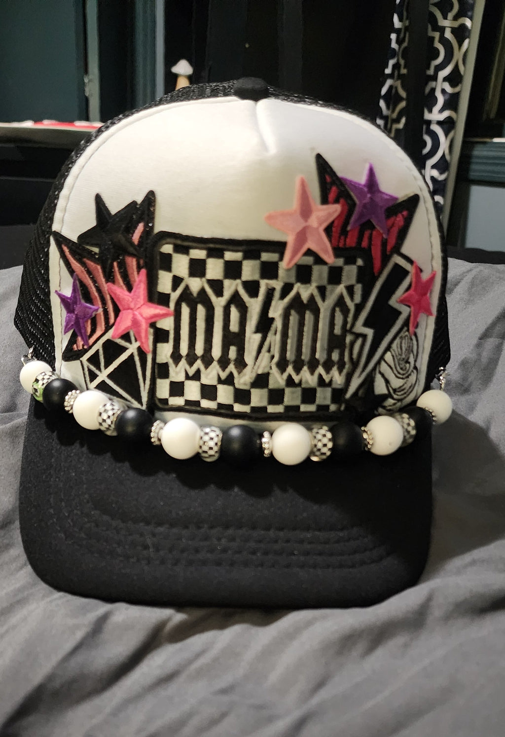 Checkered MAMA Trucker Hat – Retro Vibes Patch Snapback, Black & White Mom Hat, Trendy Checkered Trucker Cap