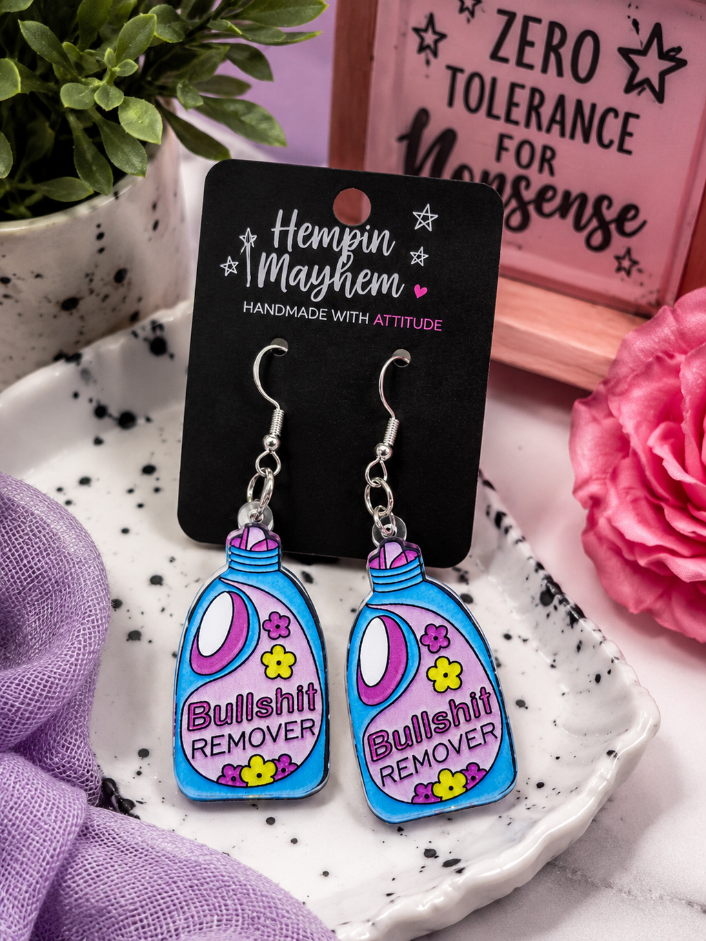Sassy Floral Acrylic Dangle Earrings | Purple Blue Statement Jewelry