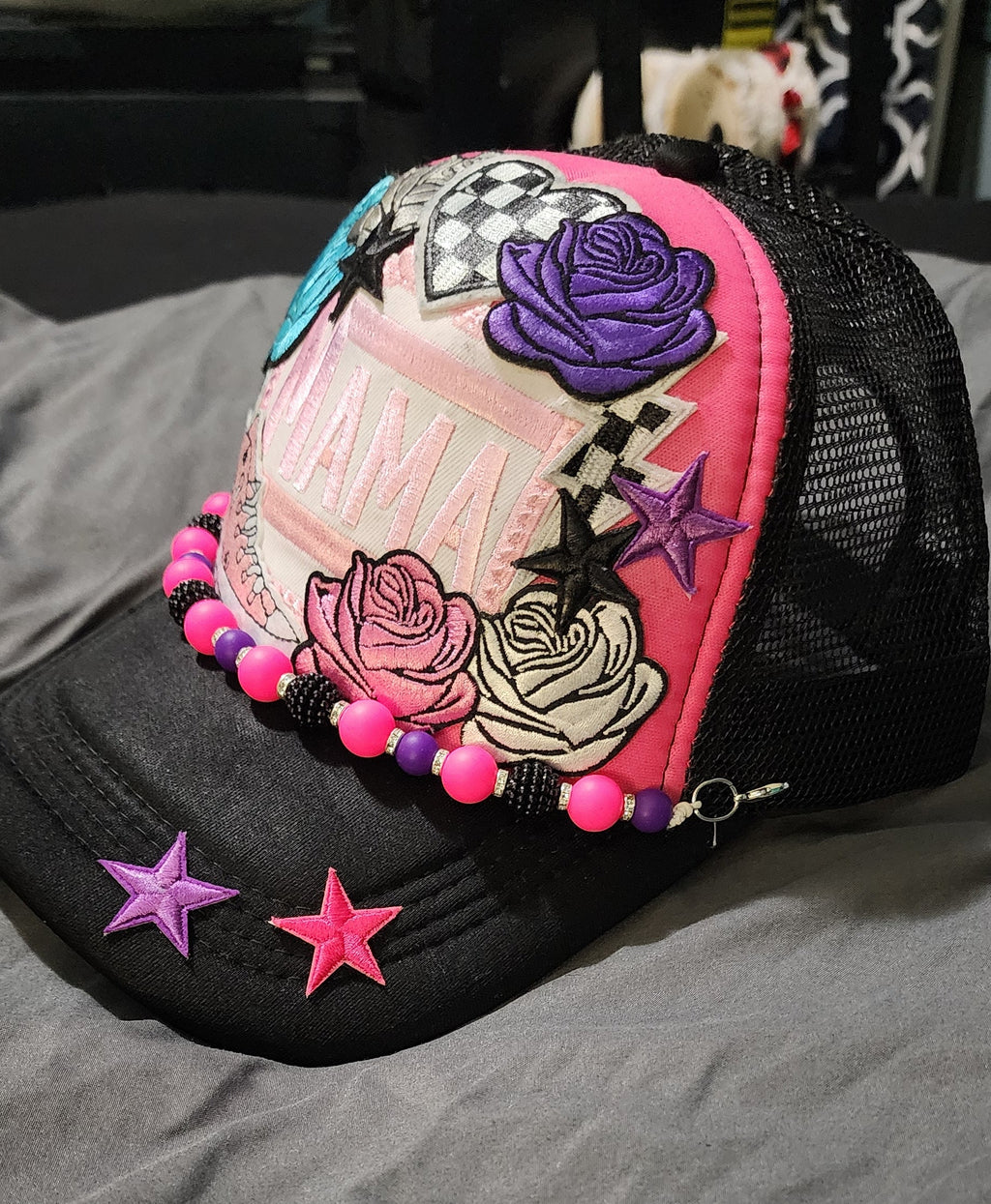 Mama Trucker Hat – Pink & Black Mesh Snapback Cap, Trendy Mom Hat, Cute Western Streetwear Trucker Hat