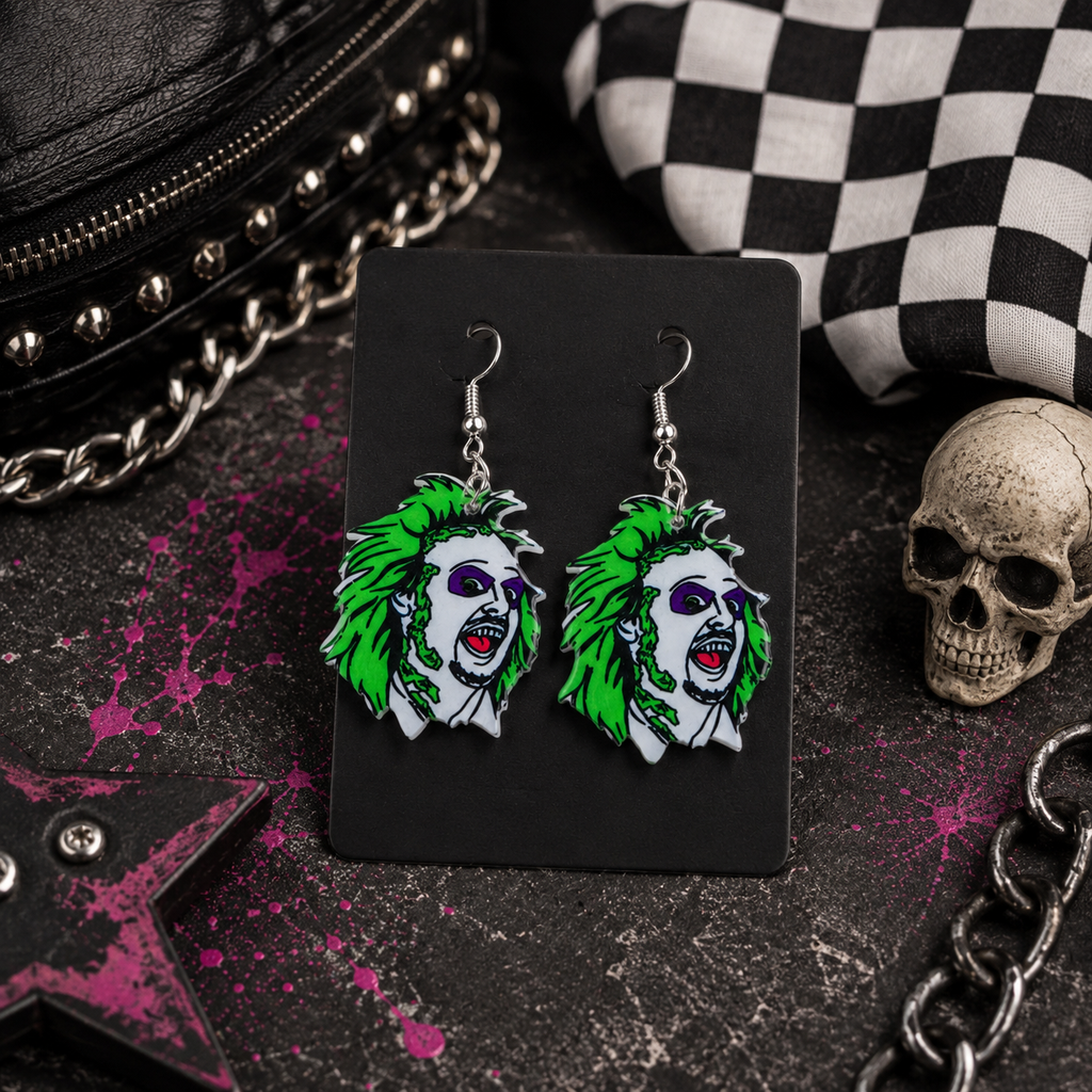 Spooky Ghost Acrylic Earrings | Handmade Halloween Dangle Earrings | Green & Black Goth Jewelry | Lightweight Alternative Earrings