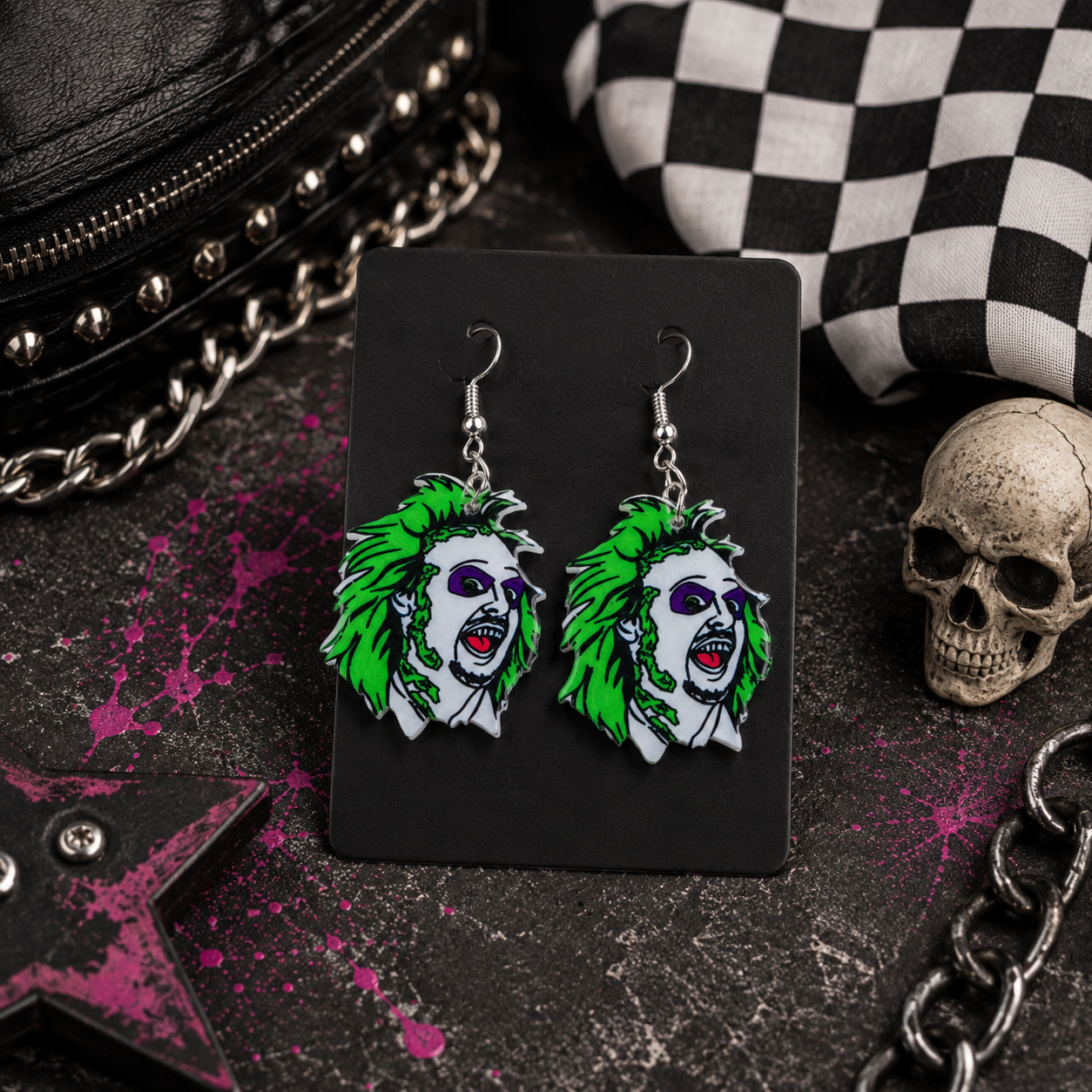 Spooky Ghost Acrylic Earrings | Handmade Halloween Dangle Earrings | Green & Black Goth Jewelry | Lightweight Alternative Earrings