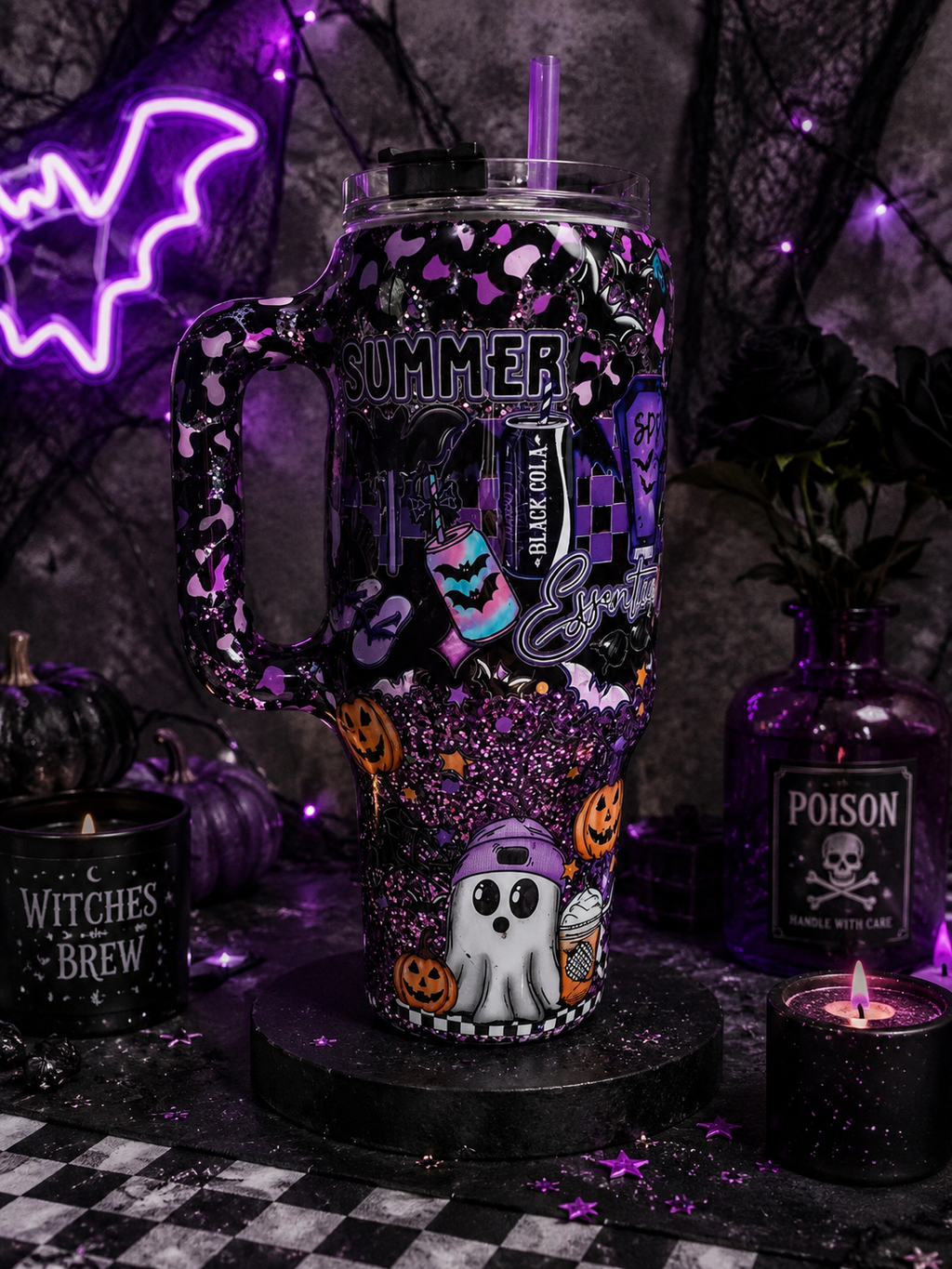 Spooky Summer 40oz Epoxy Tumbler with Handle – Purple & Black Halloween Glitter Cup