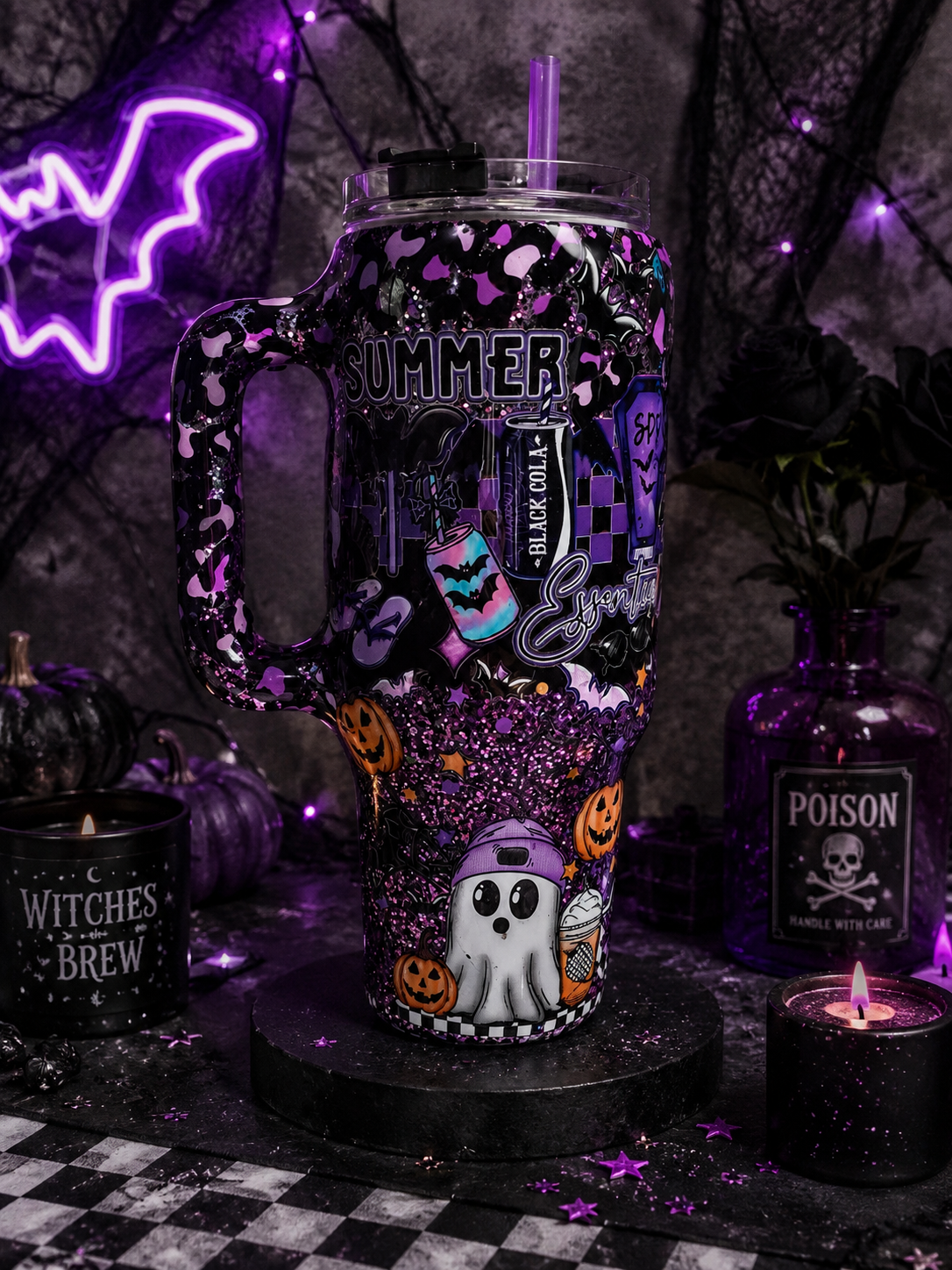 Spooky Summer 40oz Epoxy Tumbler with Handle – Purple & Black Halloween Glitter Cup
