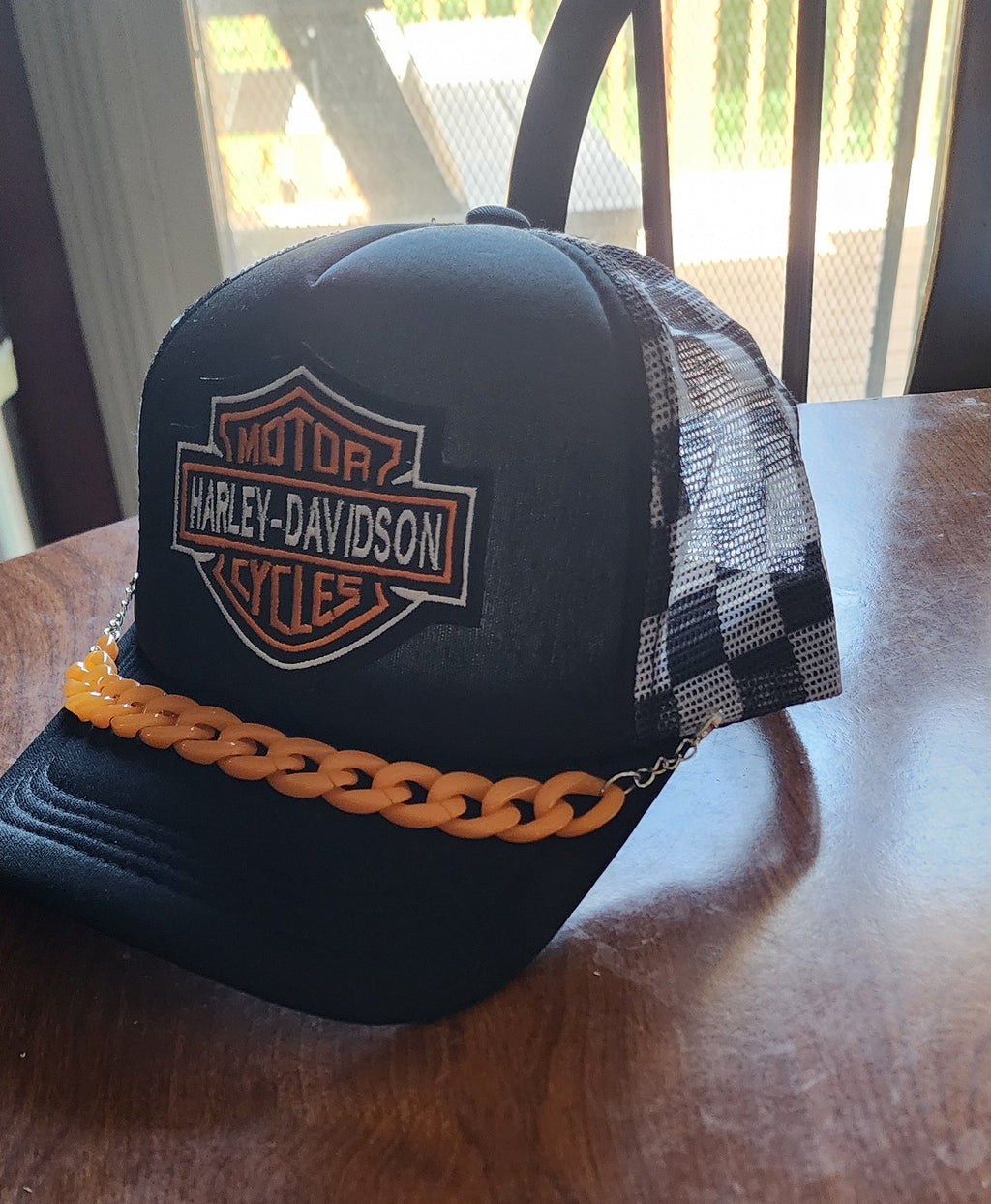 HD Checkered Trucker Hat – Black & White Snapback with Orange Hat Chain, Edgy Biker Hat, Western Streetwear Cap