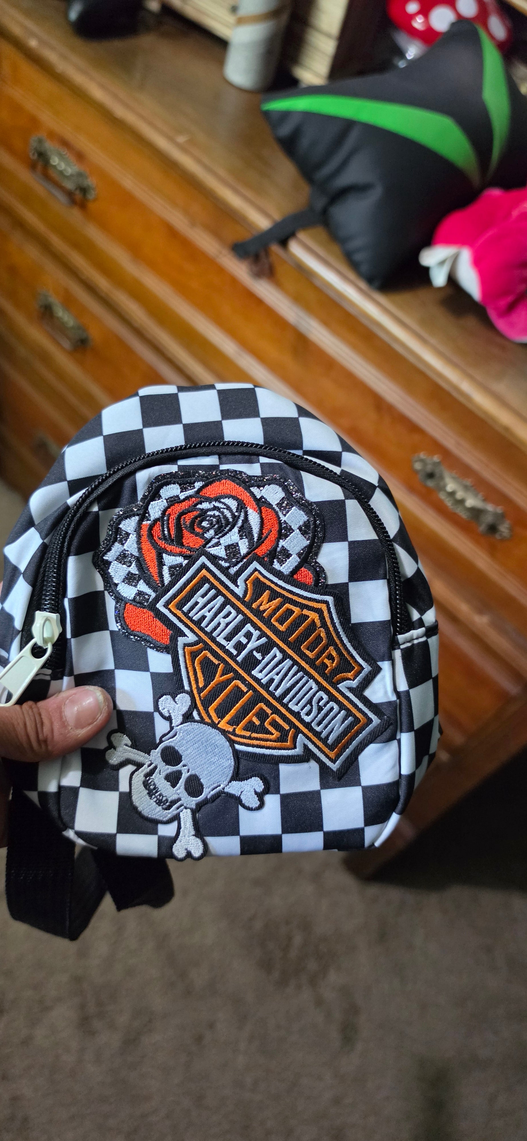 Black & White Checkered Mini Backpack with Orange HD Patch
