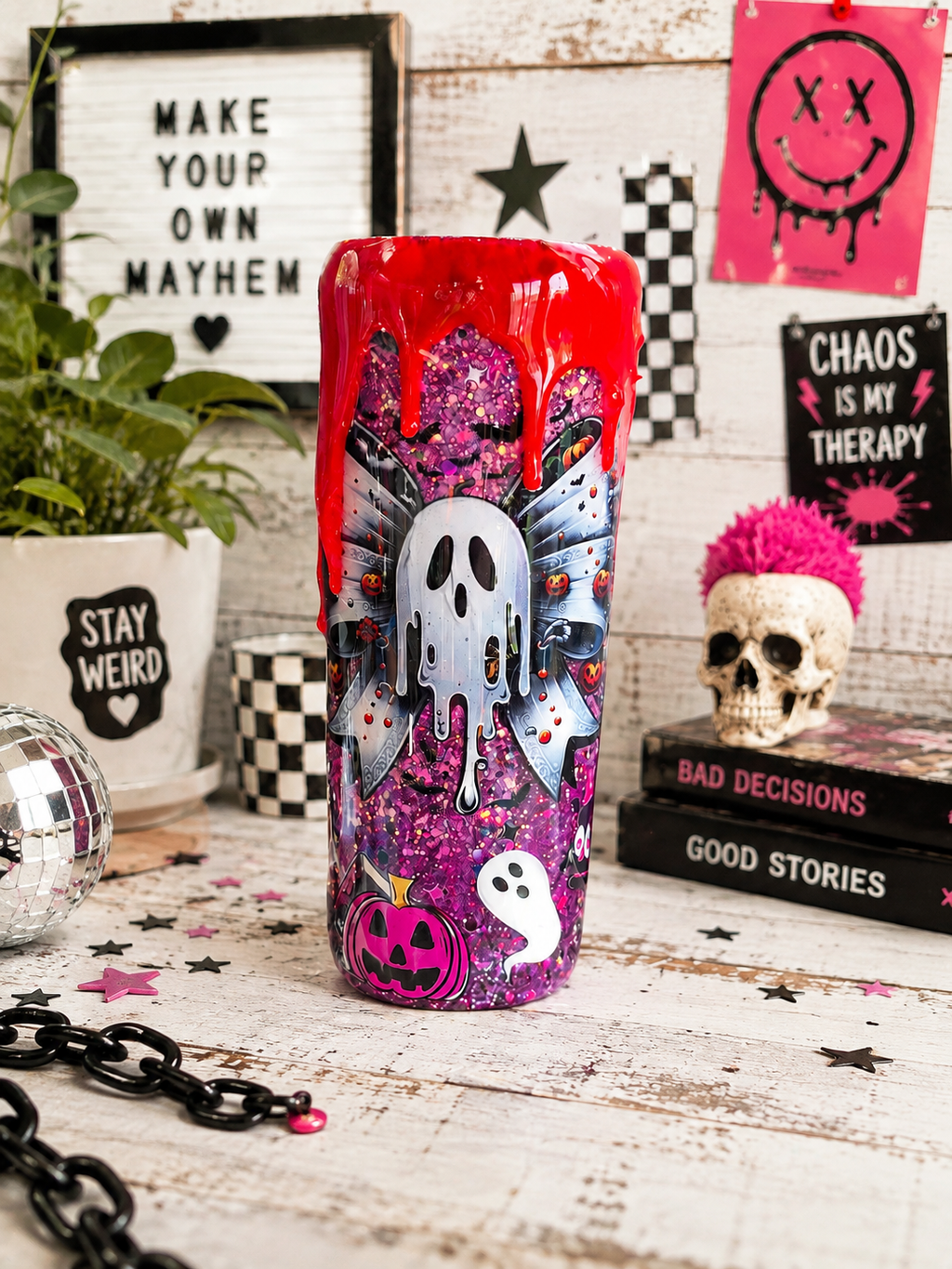 Pink Bow Spooky Tumbler 20oz – Cute Ghost Epoxy Cup, Kawaii Halloween Drinkware, Glitter Stainless Steel Coffee Cup