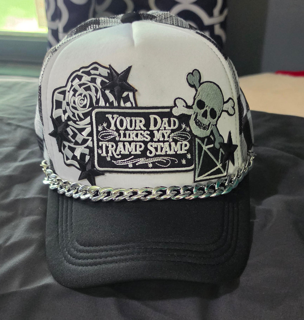 Your Dad Likes My Tramp Stamp Black and White Checkered Trucker Hat | Funny Snapback Hat | Retro Mesh Cap | Sarcastic Gift for Her