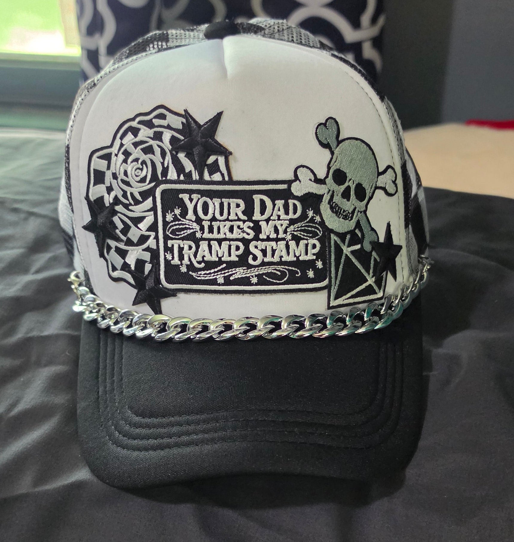 Your Dad Likes My Tramp Stamp Black and White Checkered Trucker Hat | Funny Snapback Hat | Retro Mesh Cap | Sarcastic Gift for Her
