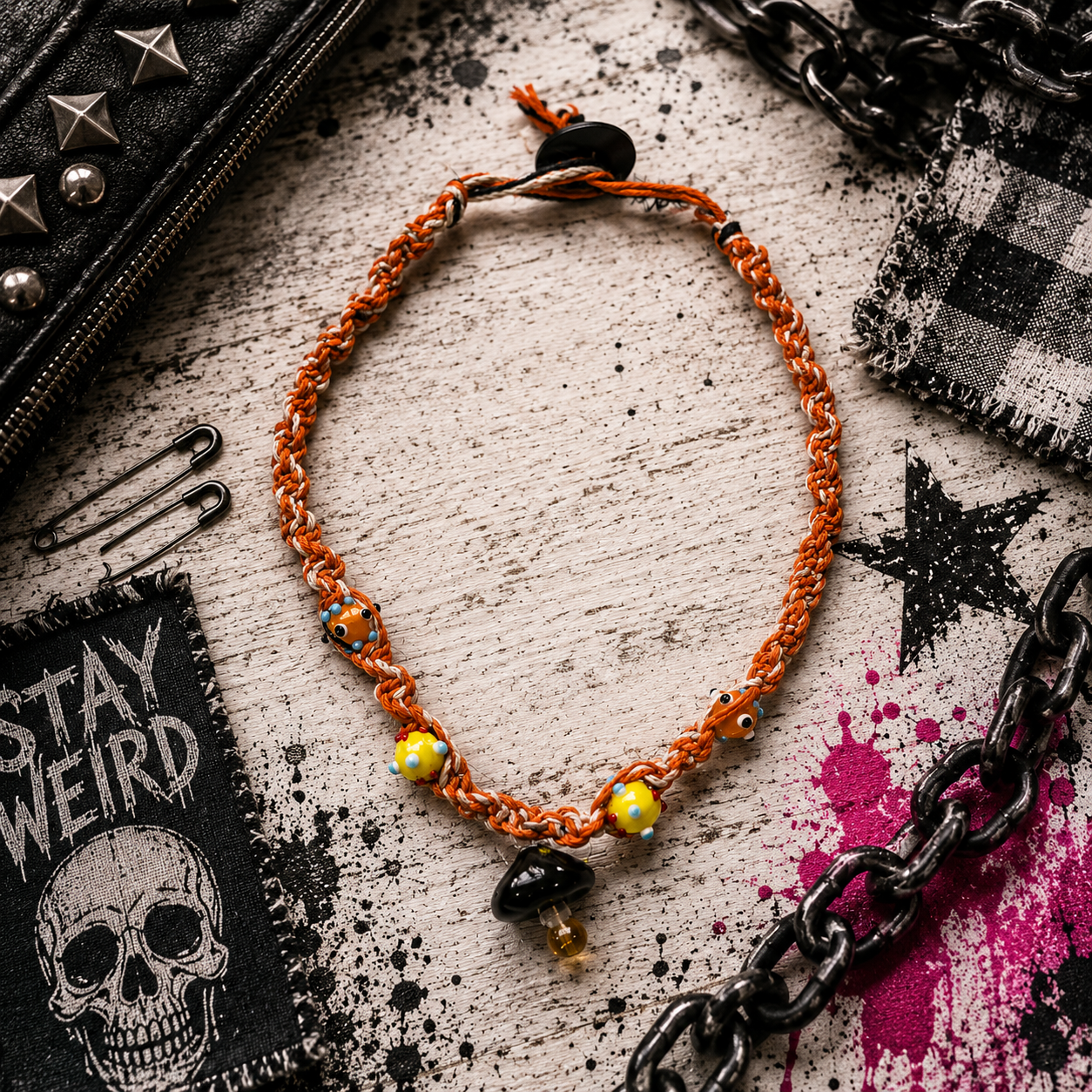 Handmade Orange Hemp Necklace with Glass Mushroom Pendant | Boho Hemp Cord Necklace | Cottagecore Jewelry | Nature Lover Gift | Festival Necklace