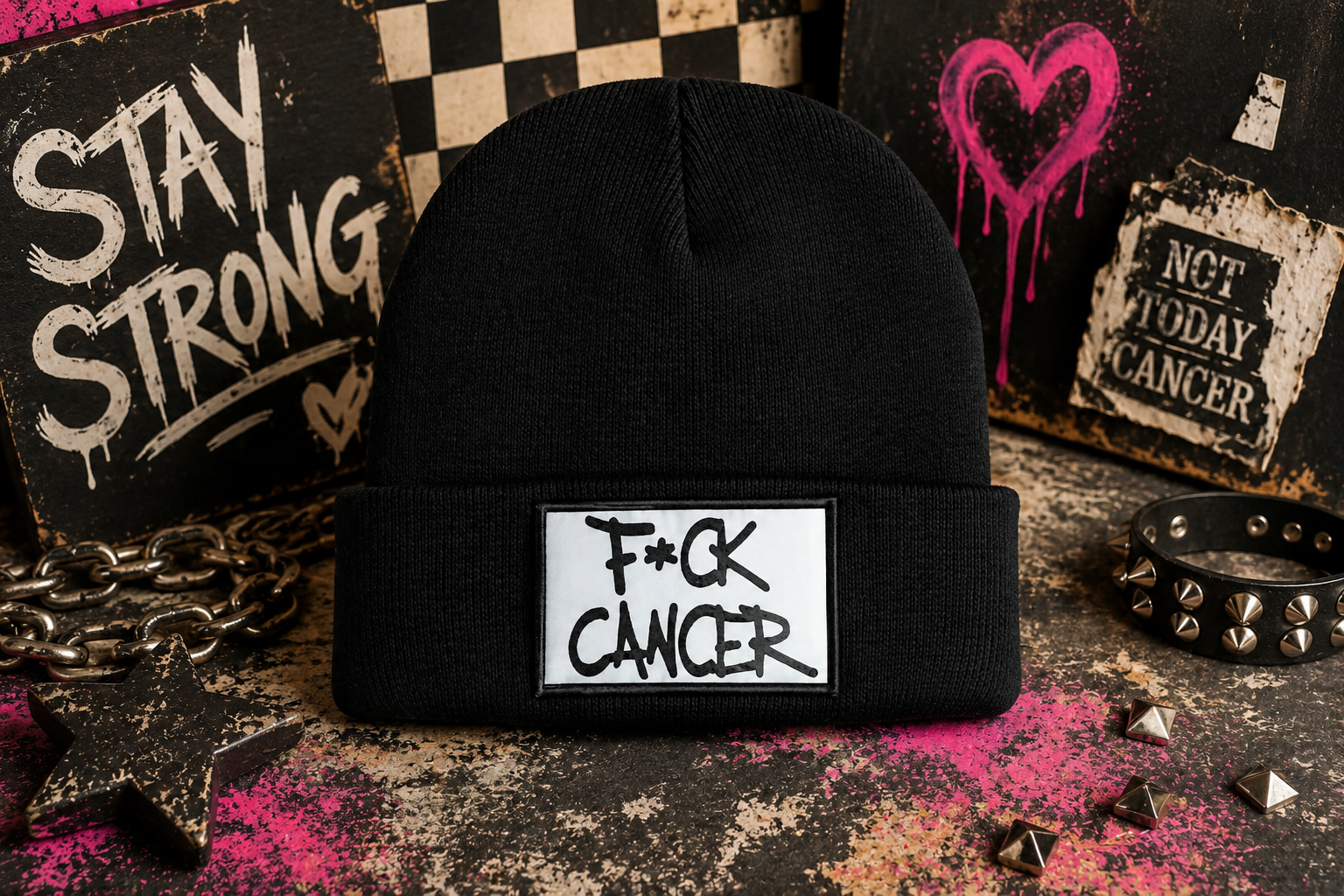 A black knit beanie with a white rectangular patch on the cuff that reads 'F*CK CANCER' in black handwritten text. The beanie is styled on a distressed surface with pink powder, metal studs, a chain, and protest-themed signs in the background.