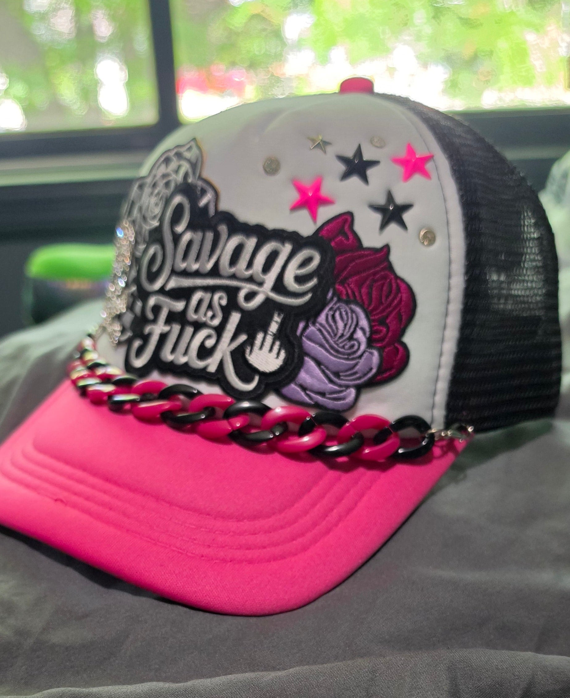 Savage As F*** Trucker Hat – Pink Black & White Snapback with Hat Chain, Sassy Patch Hat, Edgy Biker Babe Cap