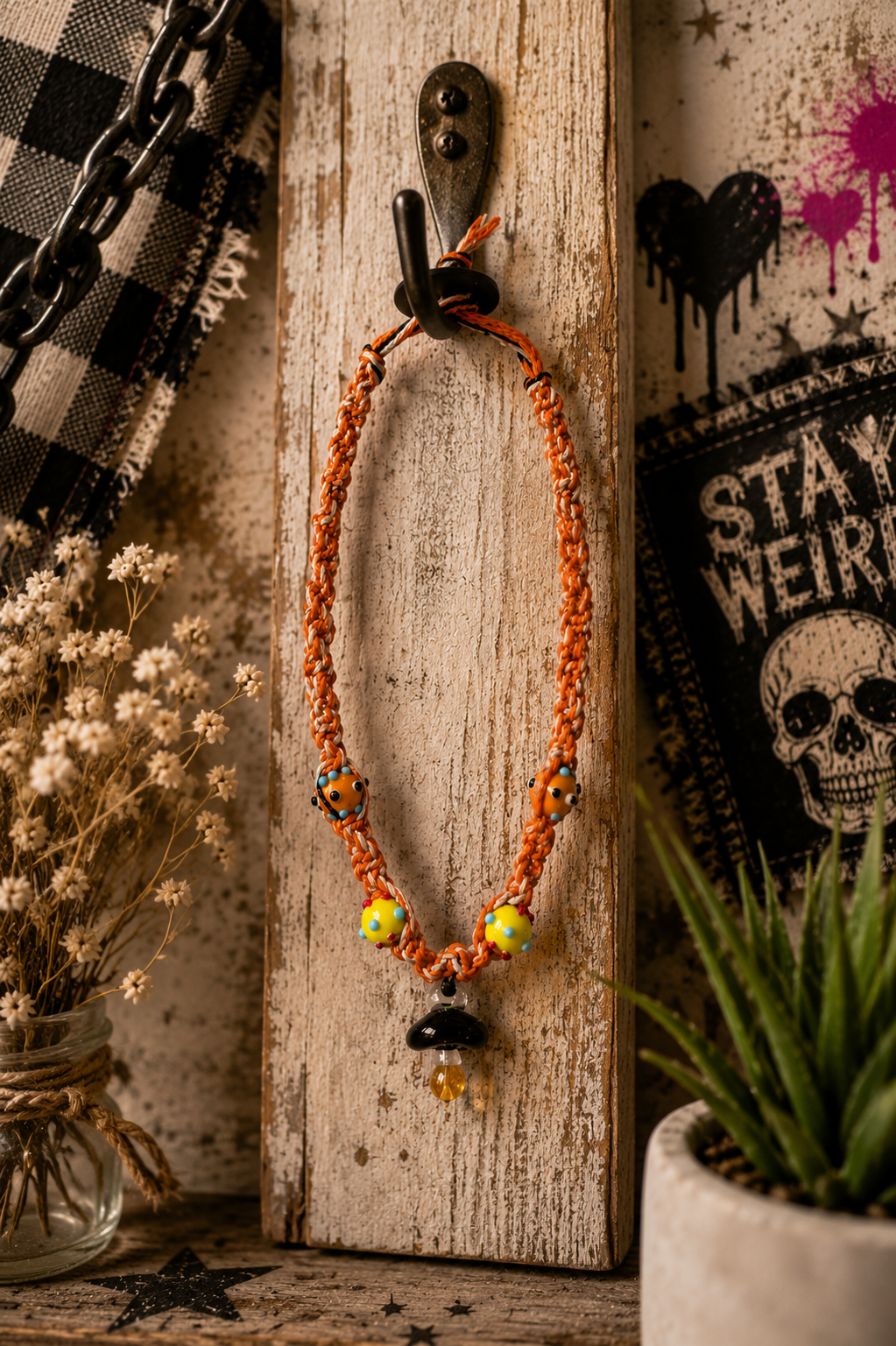 Handmade Orange Hemp Necklace with Glass Mushroom Pendant | Boho Hemp Cord Necklace | Cottagecore Jewelry | Nature Lover Gift | Festival Necklace