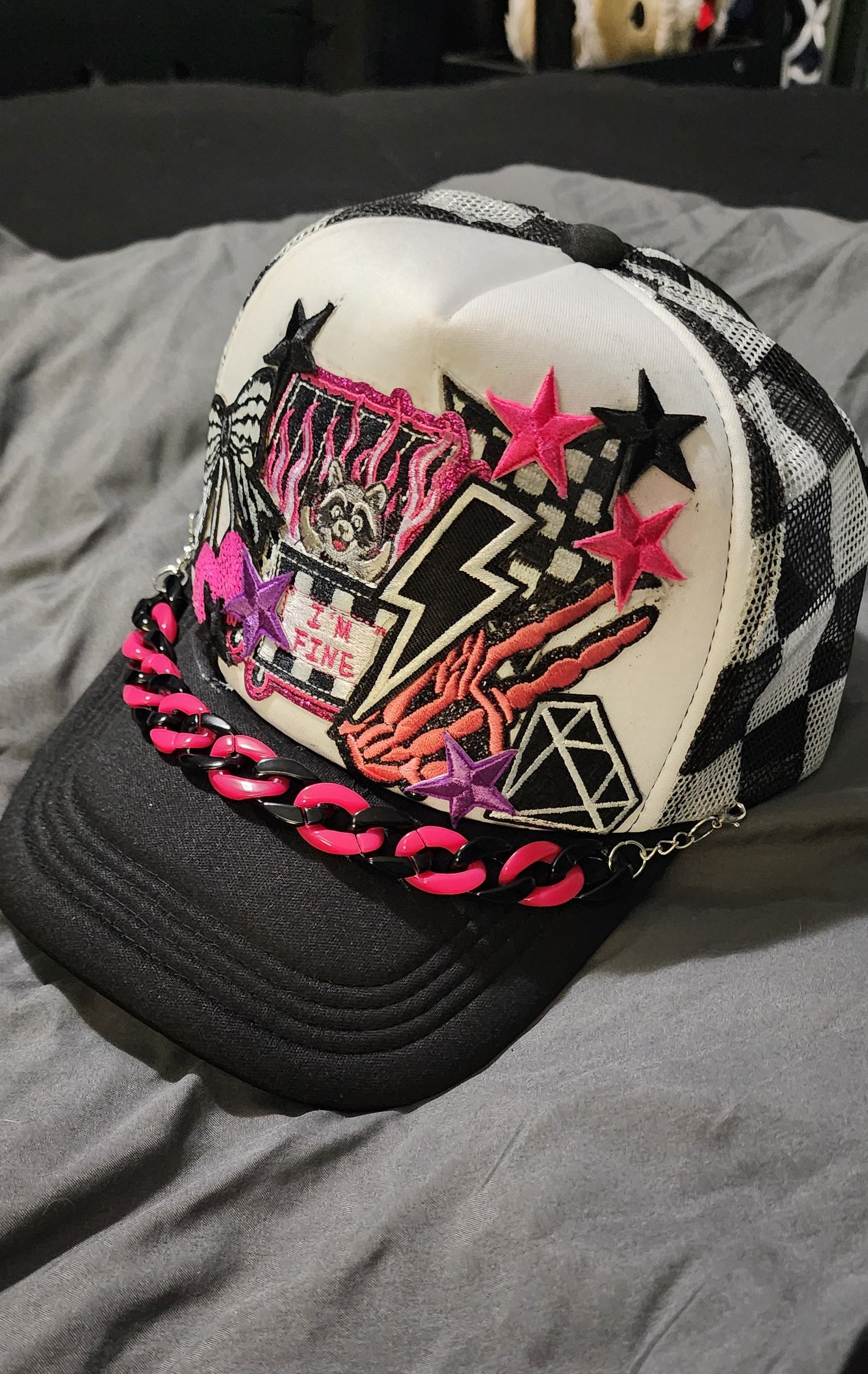 I’m Fine Raccoon Trucker Hat – Black & White Checkered Snapback, Funny Emo Streetwear Cap, Gothic Grunge Alternative Hat