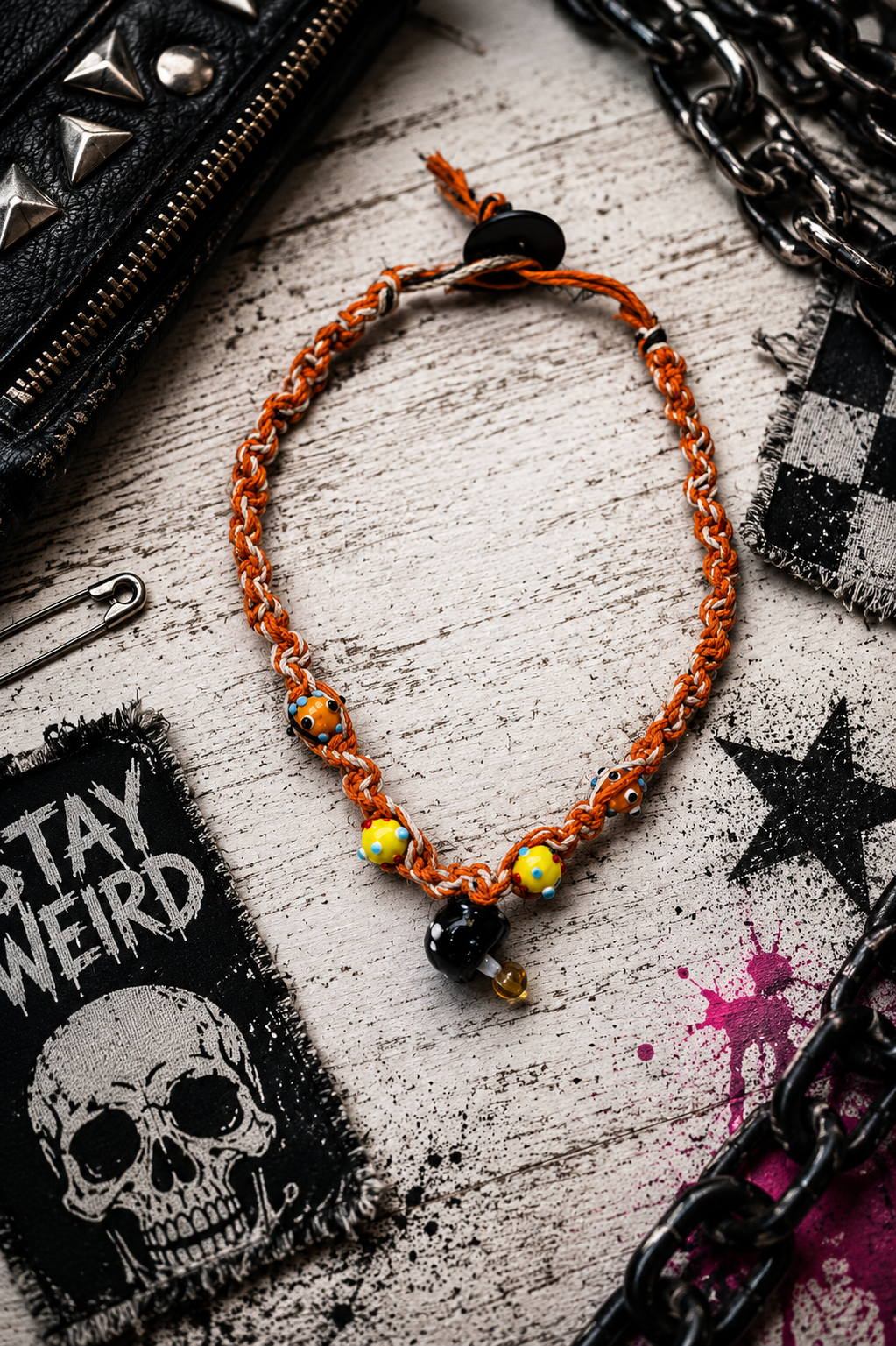 Handmade Orange Hemp Necklace with Glass Mushroom Pendant | Boho Hemp Cord Necklace | Cottagecore Jewelry | Nature Lover Gift | Festival Necklace