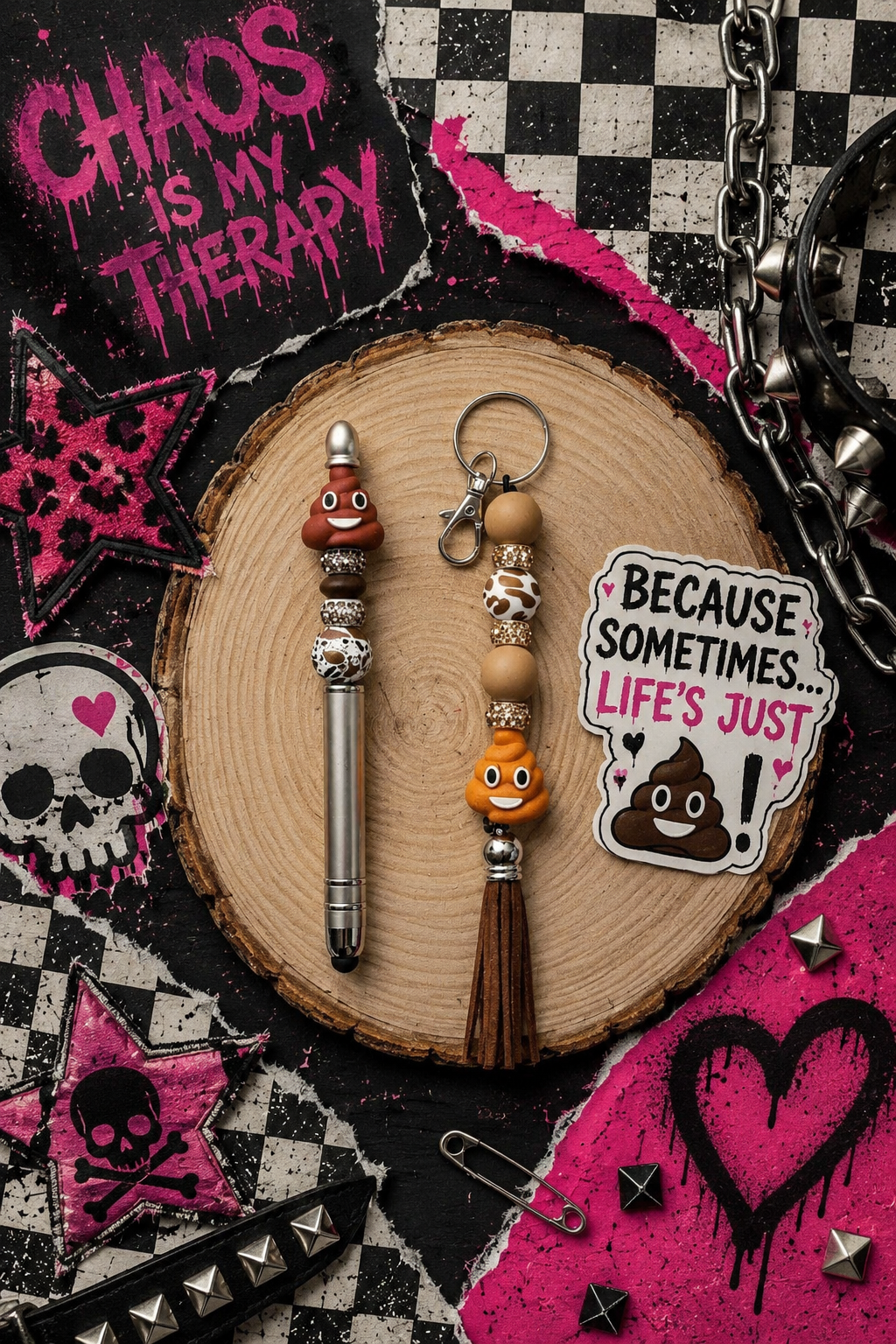 Funny Poop Emoji Gift Set | Handmade Beaded Keychain, Pen & Sticker | Hempin Mayhem
