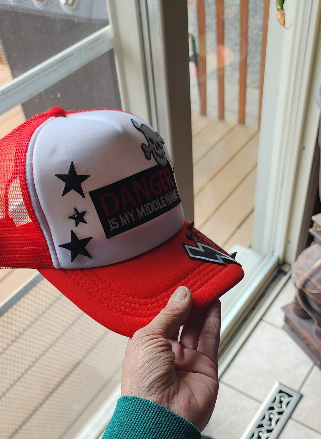 Danger Is My Middle Name Trucker Hat – Red & White Patch Snapback, Edgy Graphic Trucker Cap, Retro Western Biker Hat
