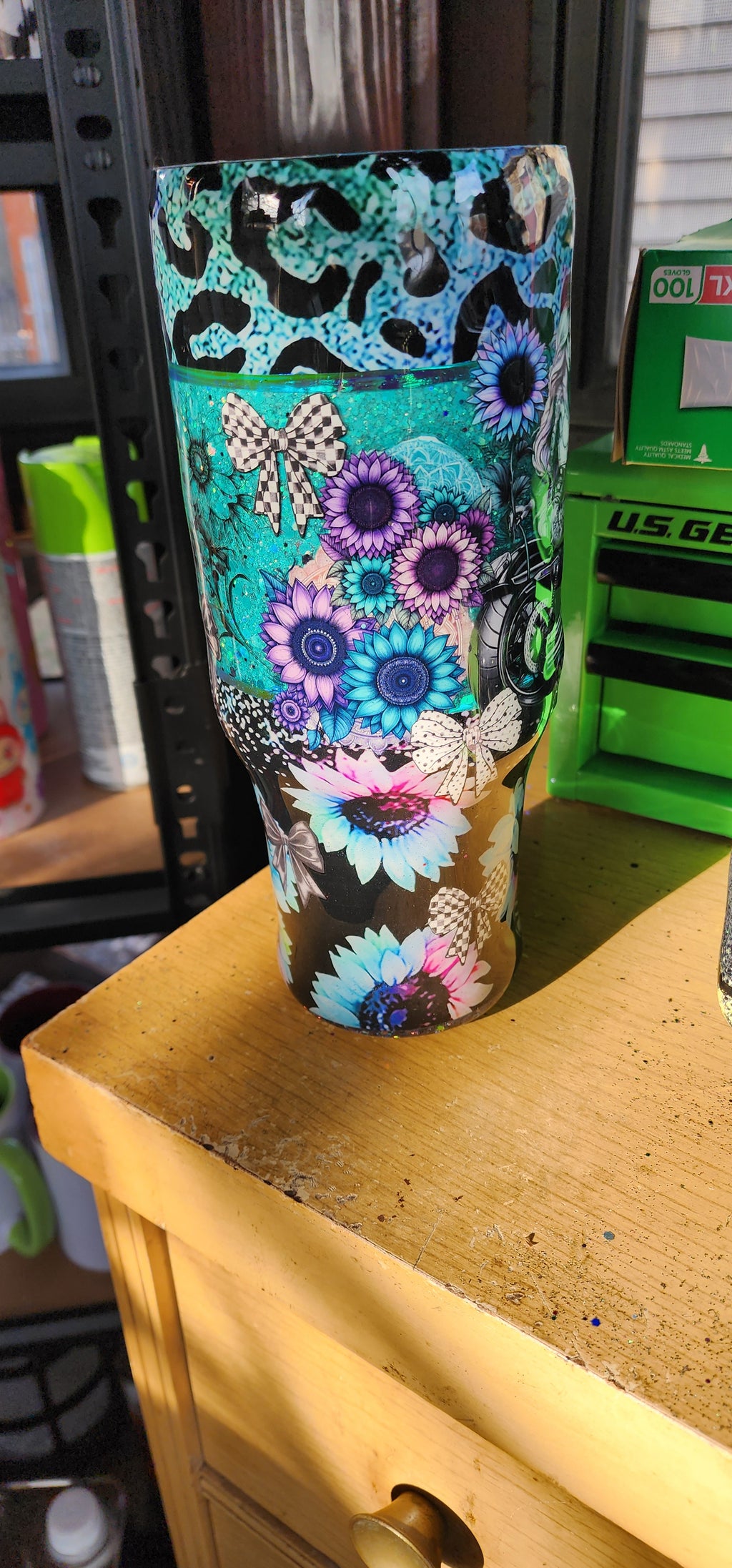 Stronger Than the Storm 40oz Sunflower Tumbler – Turquoise Glitter Epoxy Cup, Inspirational Stainless Steel Handle Tumbler