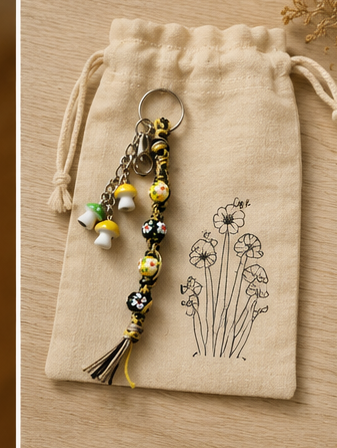 Mushroom Hemp Keychain | Boho Flower Beaded Keychain | Cottagecore Bag Charm | Handmade Glass Bead Keyring | Nature Lover Gift