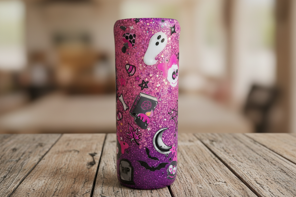Pink Bow Spooky Tumbler 20oz – Cute Ghost Epoxy Cup, Kawaii Halloween Drinkware, Glitter Stainless Steel Coffee Cup