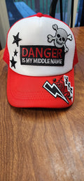 Danger Is My Middle Name Trucker Hat – Red & White Patch Snapback, Edgy Graphic Trucker Cap, Retro Western Biker Hat