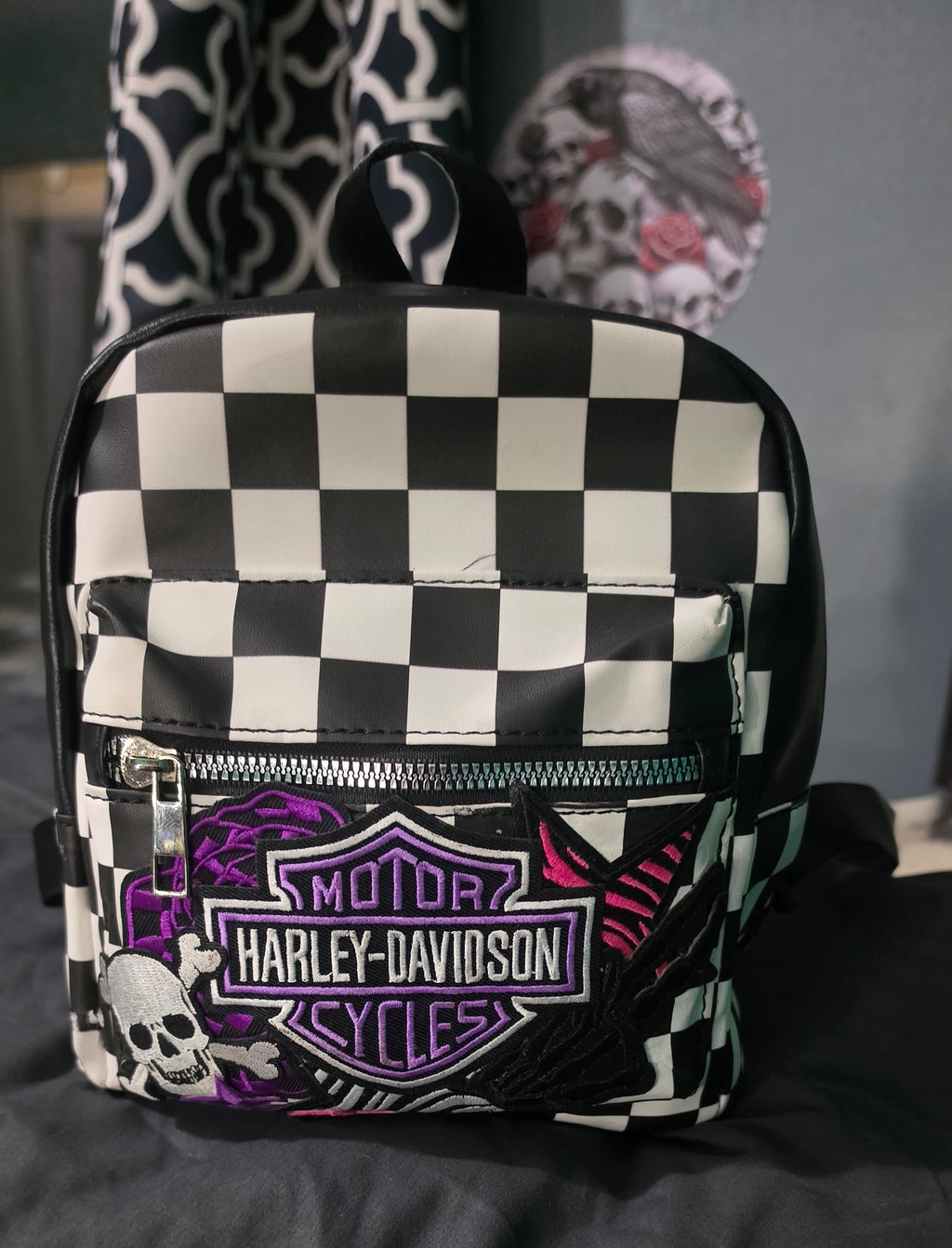 Black & White Checkered Mini Backpack Purse with Purple Embroidered Patch | Punk Rock Backpack | Alternative Style Backpack Purse | Handmade Statement Bag