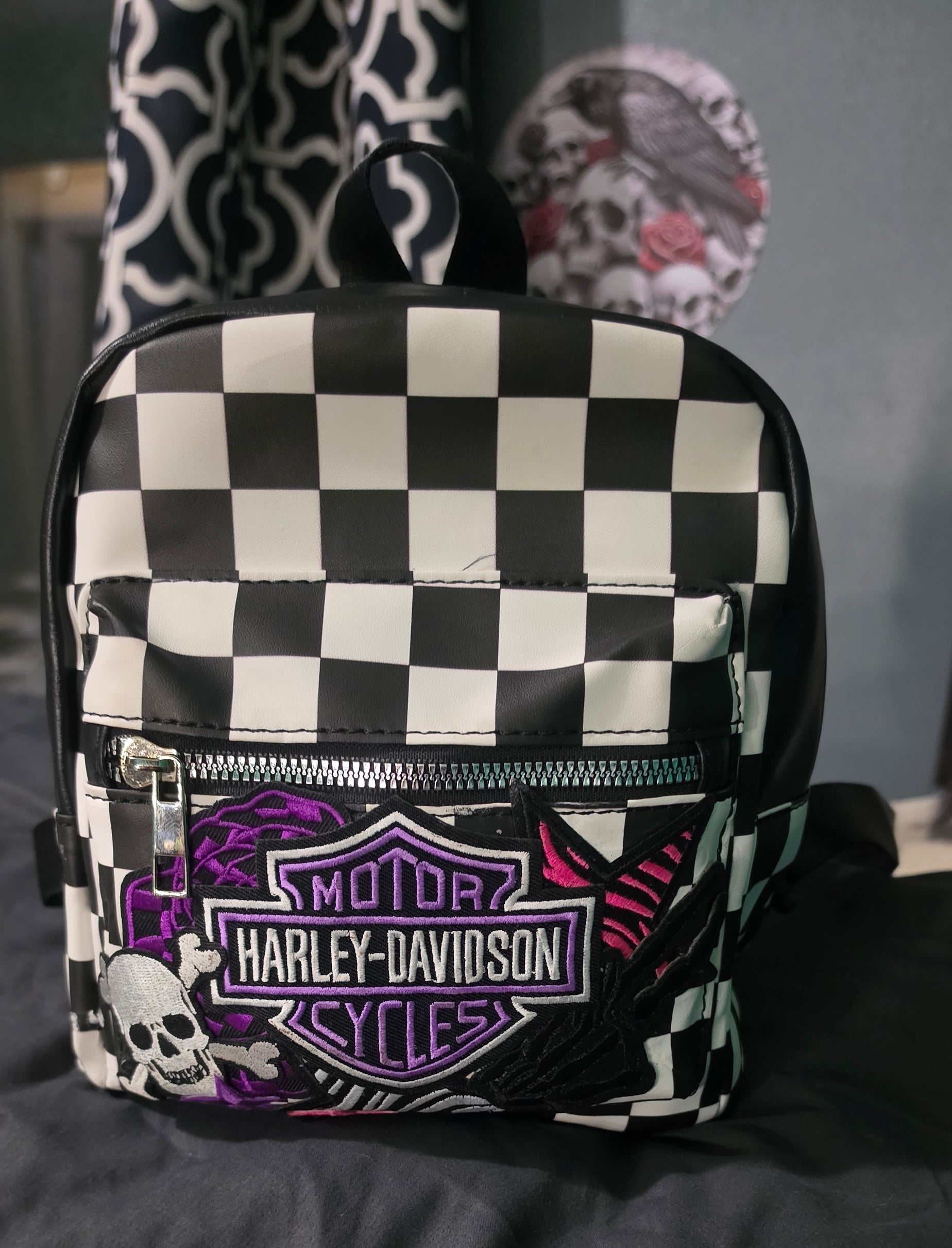 Black & White Checkered Mini Backpack Purse with Purple Embroidered Patch | Punk Rock Backpack | Alternative Style Backpack Purse | Handmade Statement Bag