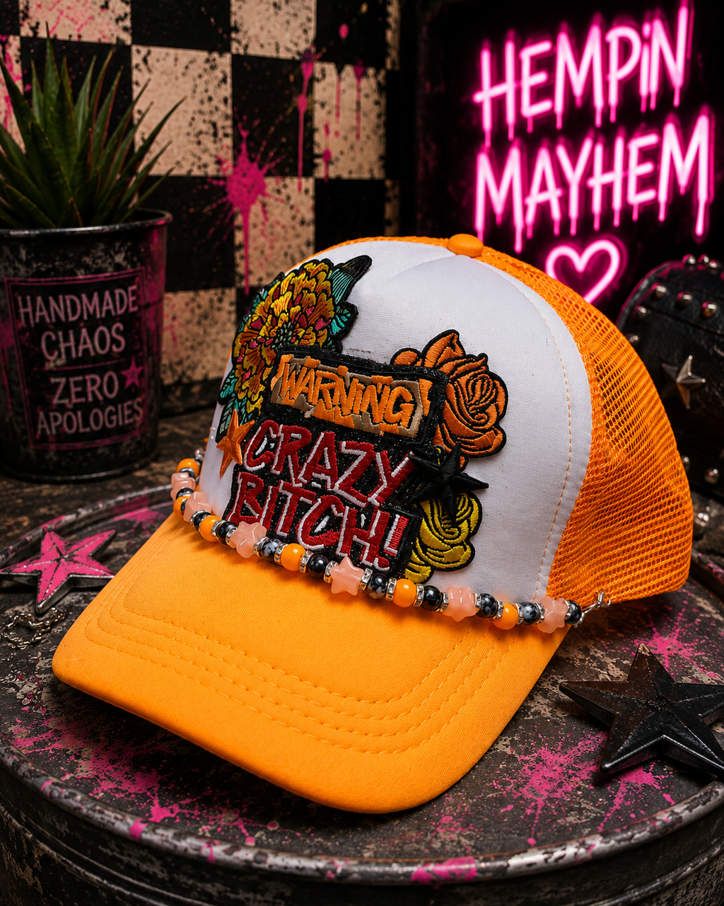Warning Crazy Person Trucker Hat – Orange & White Snapback with Flower Patches, Funny Edgy Trucker Cap, Trendy Statement Hat
