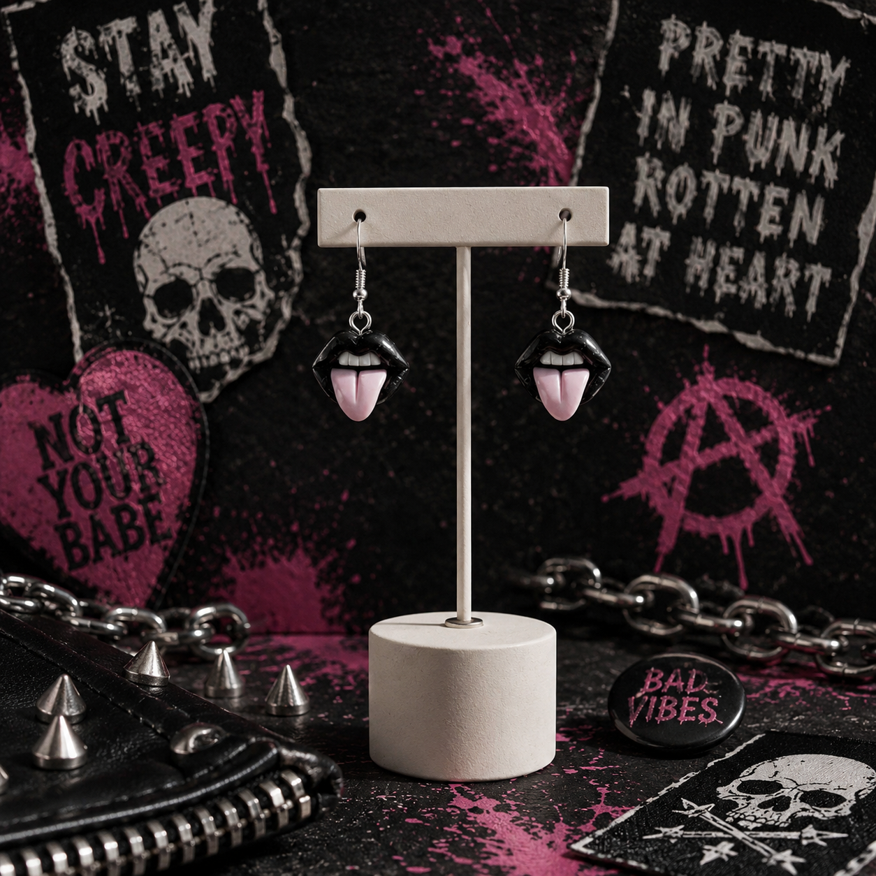 Goth Tongue Out Earrings: Handmade Polymer Clay, Edgy Jewelry