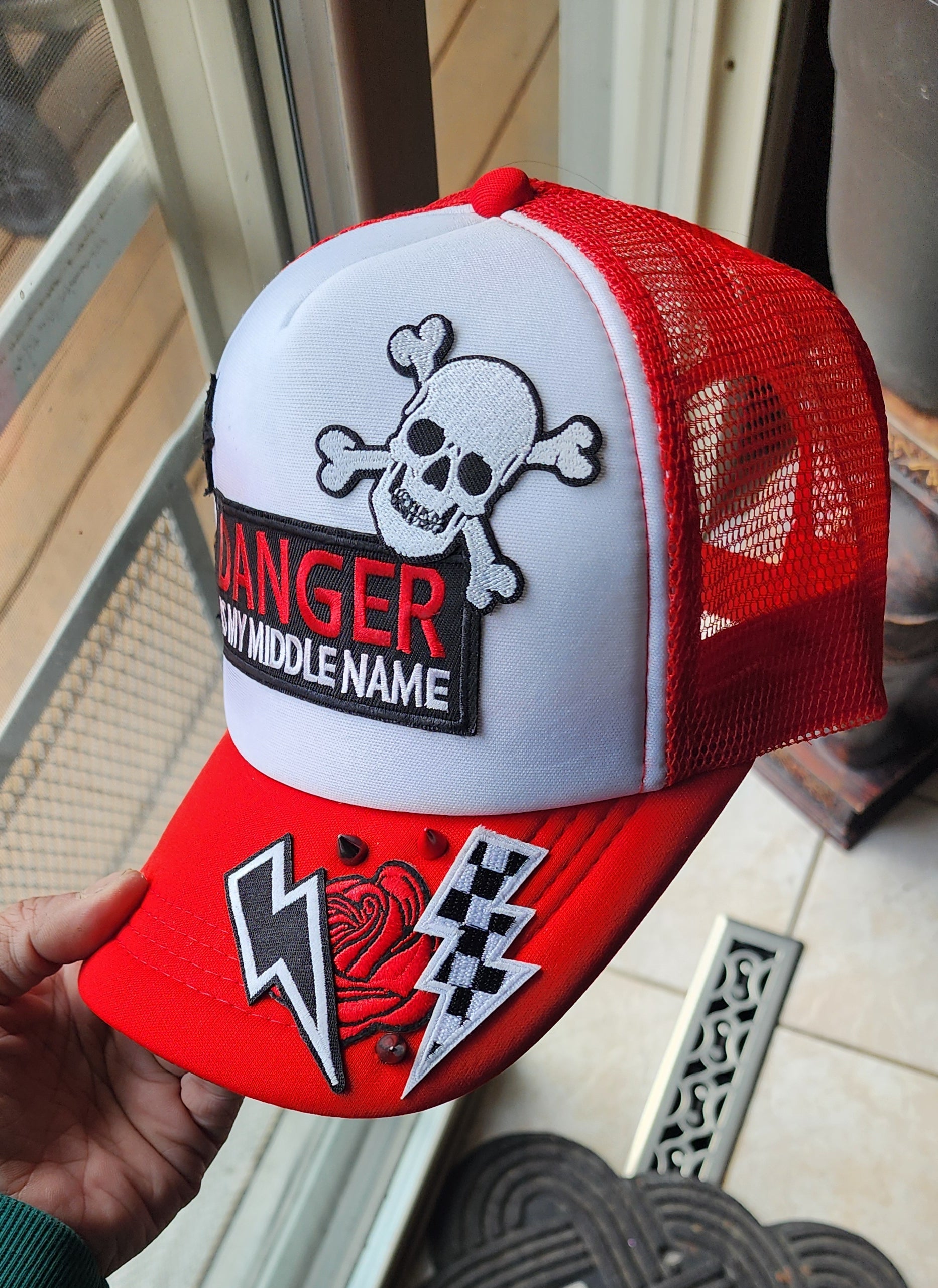 Danger Is My Middle Name Trucker Hat – Red & White Patch Snapback, Edgy Graphic Trucker Cap, Retro Western Biker Hat