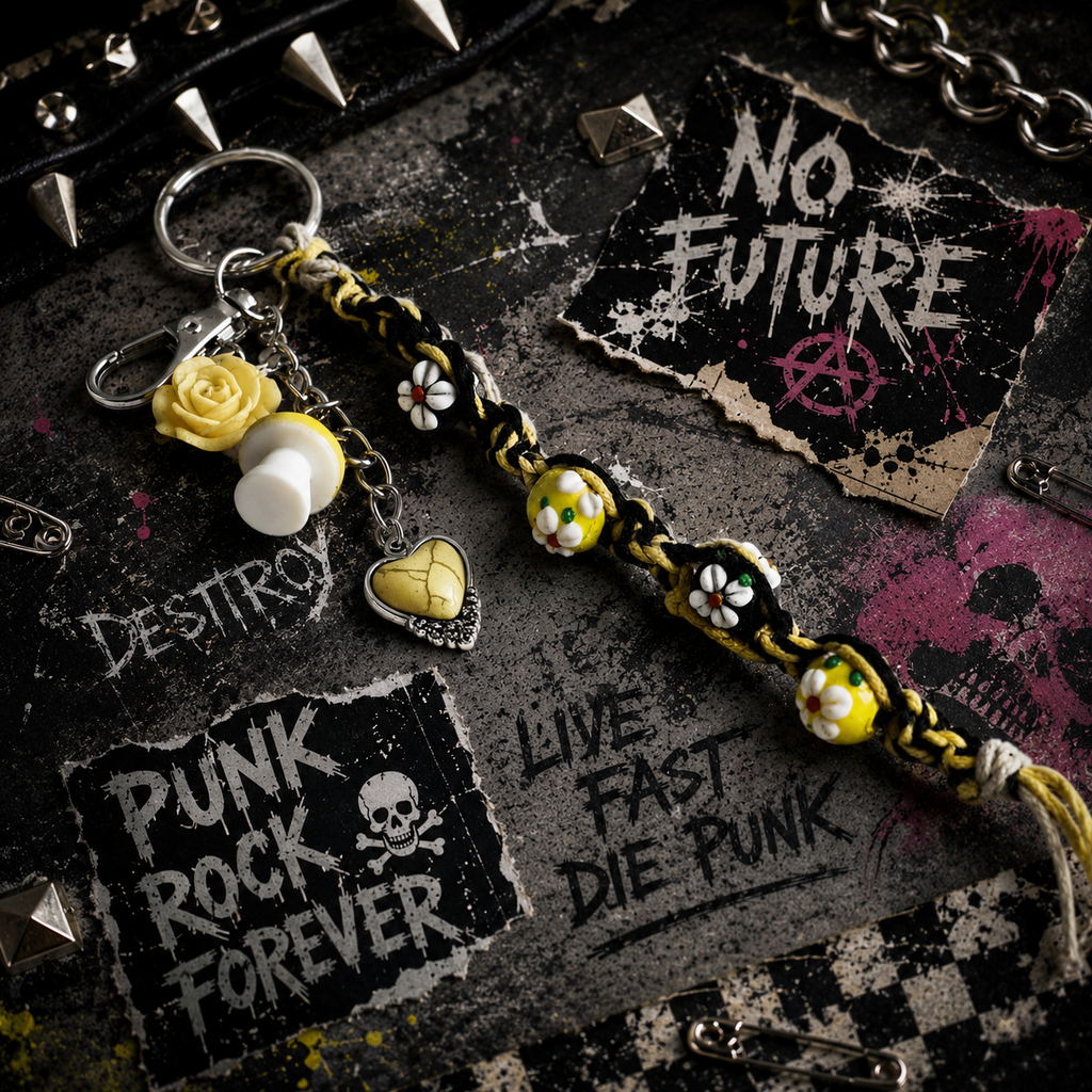 Yellow & White Hemp Keychain with Flower Beads & Mushroom Charms | Cottagecore Boho Bag Charm