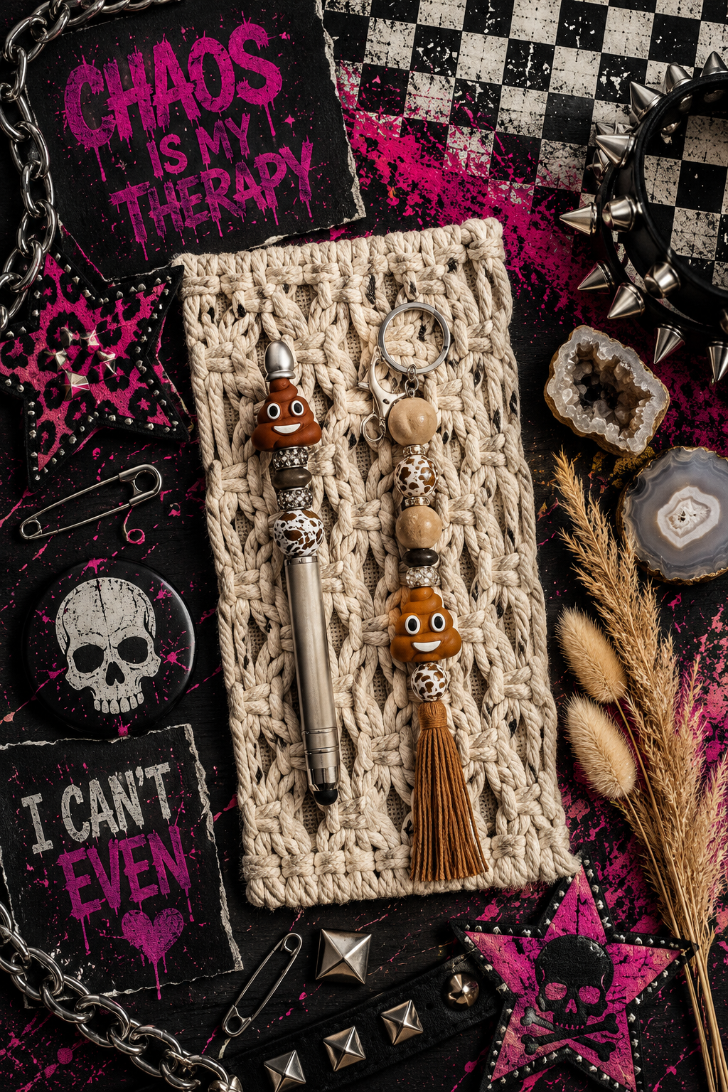 Funny Poop Emoji Gift Set | Handmade Beaded Keychain, Pen & Sticker | Hempin Mayhem