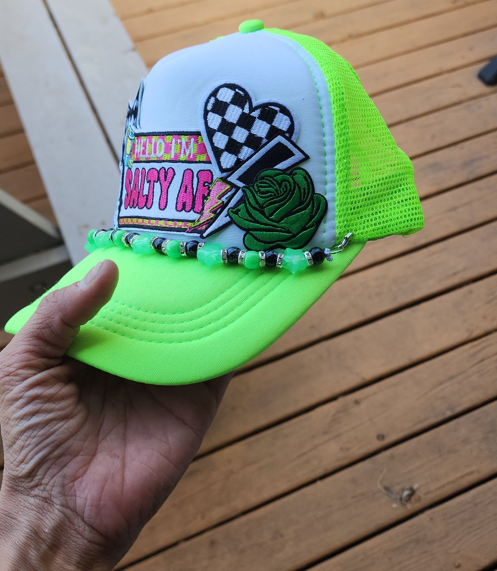 Salty AF Trucker Hat – Neon Green & White Snapback with Checkered Patches, Edgy Festival Hat, Alternative Streetwear Cap