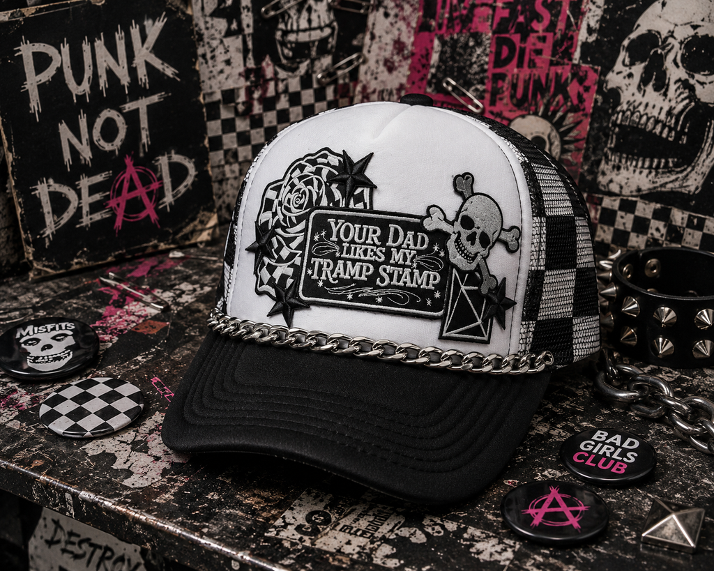 Your Dad Likes My Tramp Stamp Black and White Checkered Trucker Hat | Funny Snapback Hat | Retro Mesh Cap | Sarcastic Gift for Her