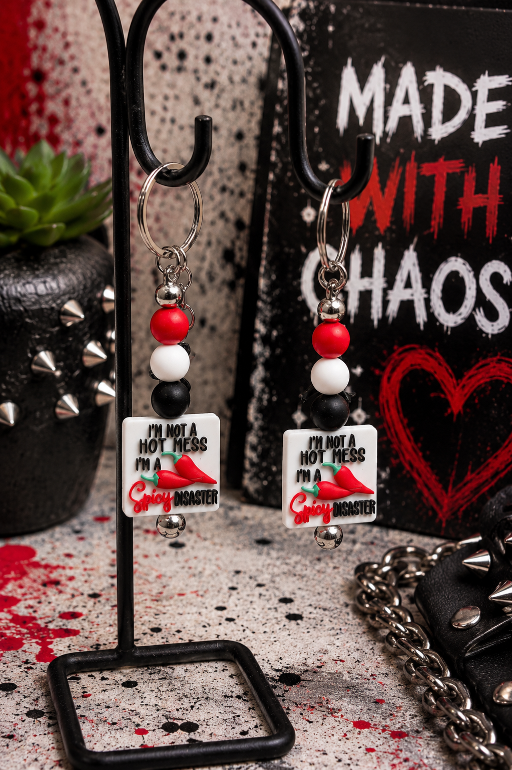 I'm Not a Hot Mess, I'm a Spicy Disaster Handmade Beaded Keychain | Funny Sarcastic Gift | Black, White & Red Silicone Bead Keychain
