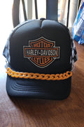 HD Checkered Trucker Hat – Black & White Snapback with Orange Hat Chain, Edgy Biker Hat, Western Streetwear Cap