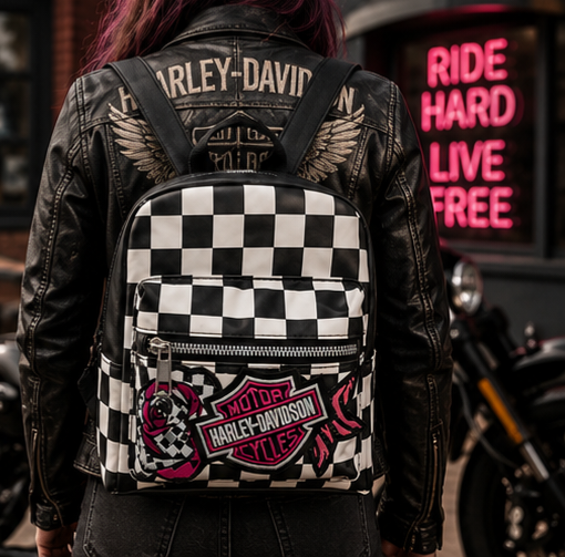 Pink Embroidered Patch Checkered Backpack Purse | Black & White Checkerboard Mini Backpack | Biker-Inspired Bag | Punk Rock Backpack Purse | Alternative Fashion Bag